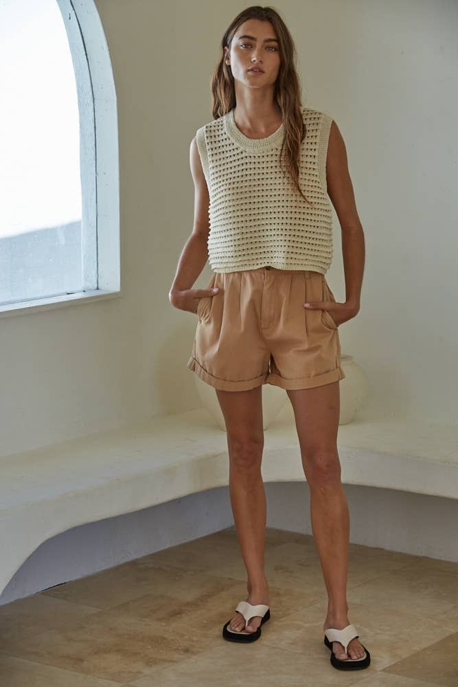 By Tog Beige Open Hole Crochet Sleeveless Crop Sweater