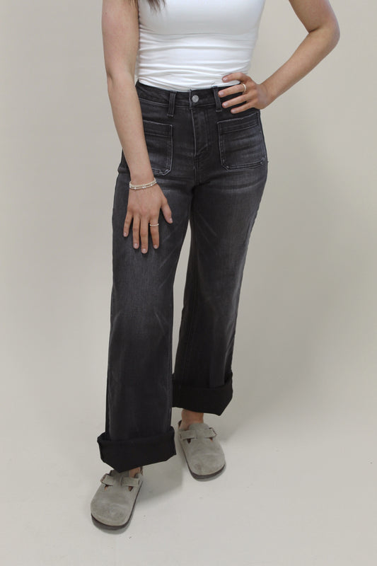 Olivia Wide Leg Jean w Front Square Pockets - Black