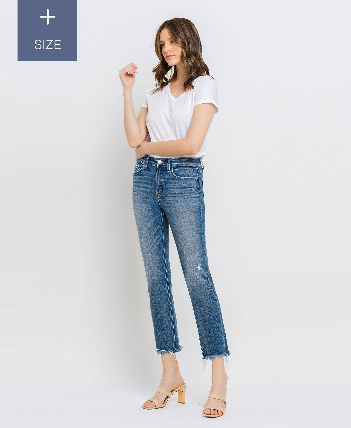 VERVET PLUS MED WASH JEANNE HR UNEVEN RAW HEM SLIM STRAIGHT