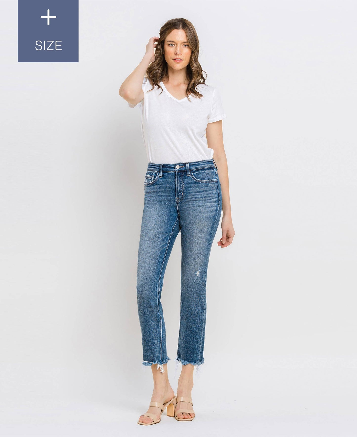VERVET PLUS MED WASH JEANNE HR UNEVEN RAW HEM SLIM STRAIGHT