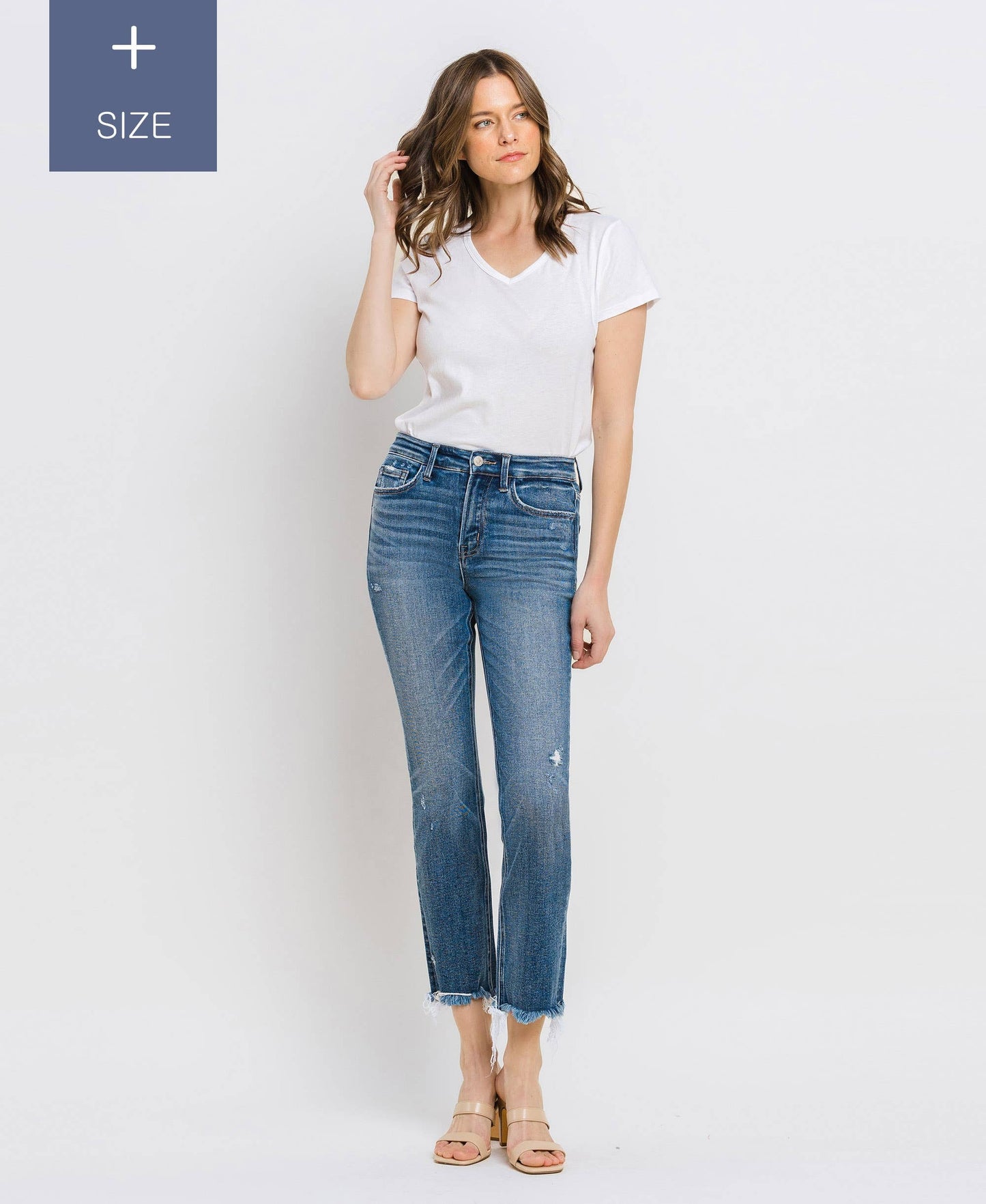 VERVET PLUS MED WASH JEANNE HR UNEVEN RAW HEM SLIM STRAIGHT