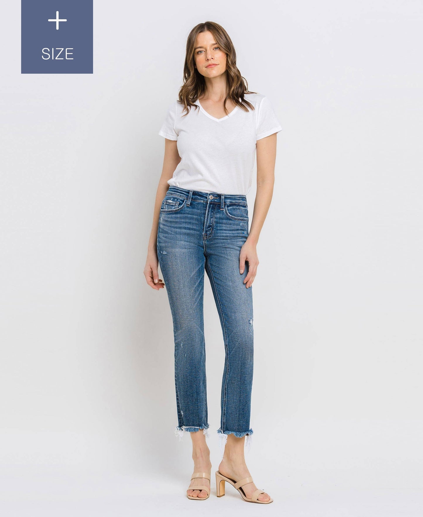 VERVET PLUS MED WASH JEANNE HR UNEVEN RAW HEM SLIM STRAIGHT