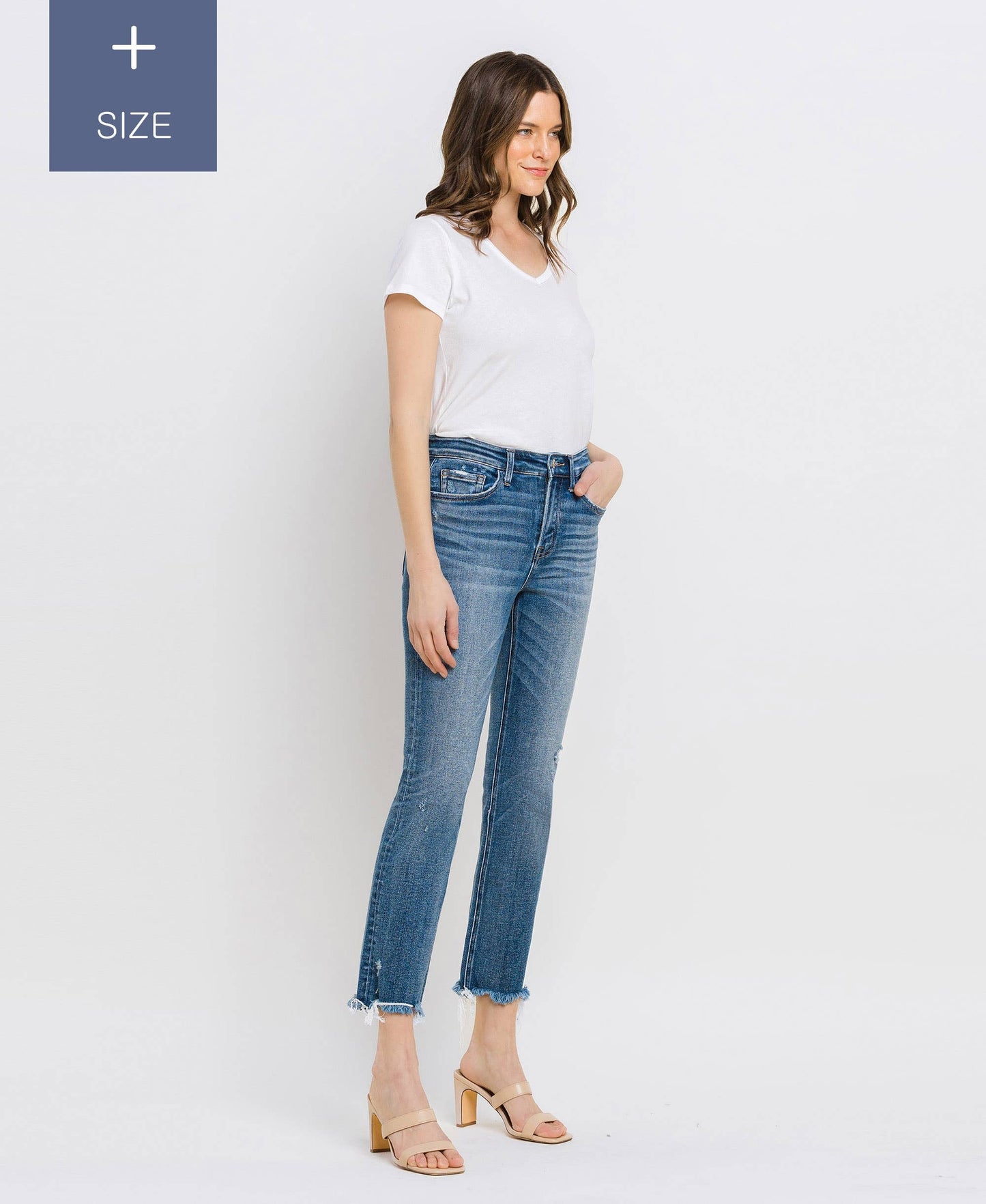 VERVET PLUS MED WASH JEANNE HR UNEVEN RAW HEM SLIM STRAIGHT