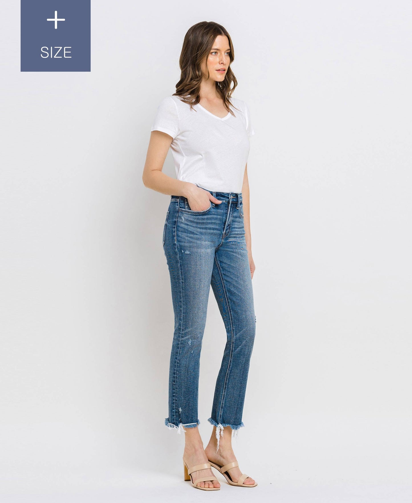 VERVET PLUS MED WASH JEANNE HR UNEVEN RAW HEM SLIM STRAIGHT