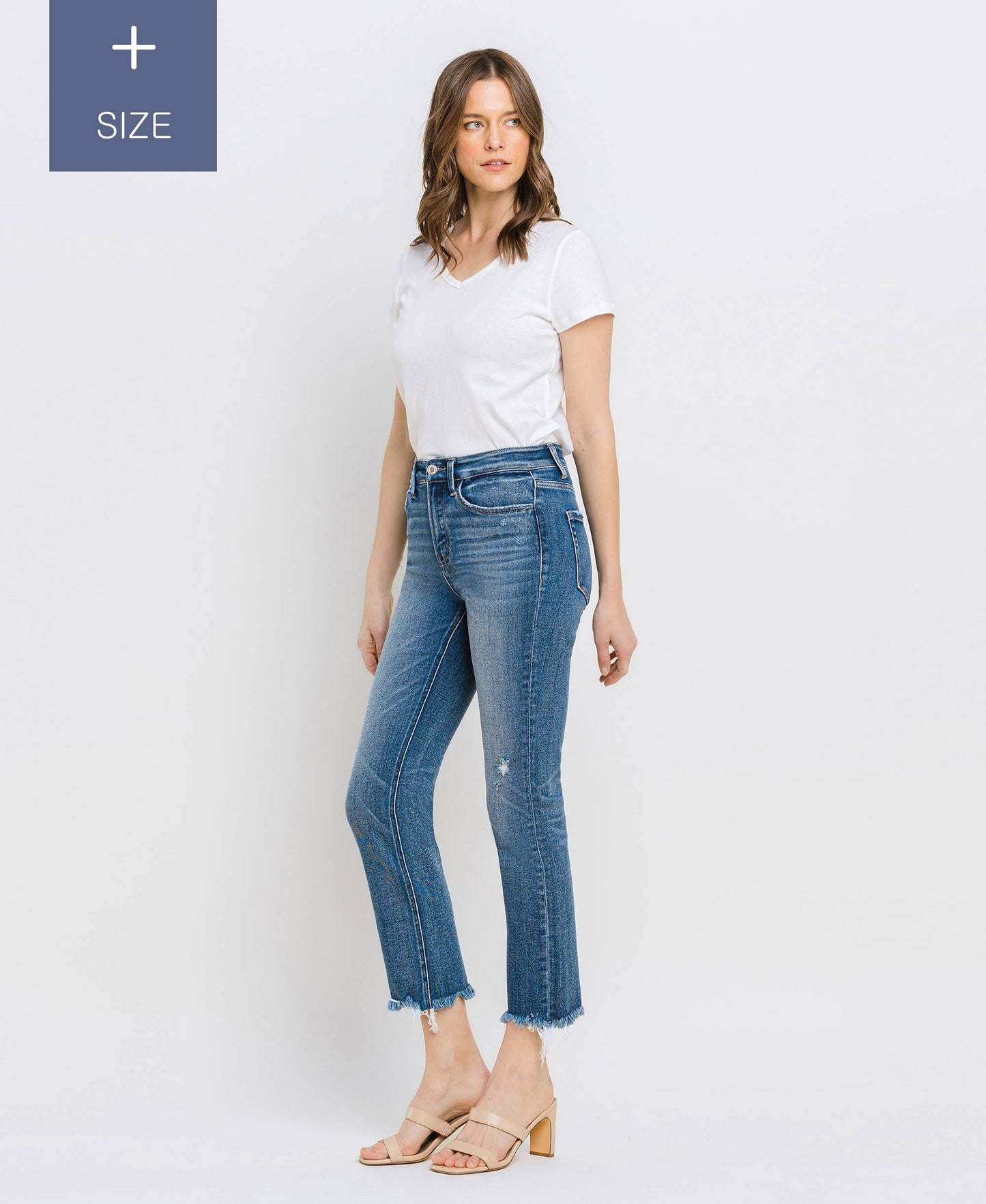 VERVET PLUS MED WASH JEANNE HR UNEVEN RAW HEM SLIM STRAIGHT