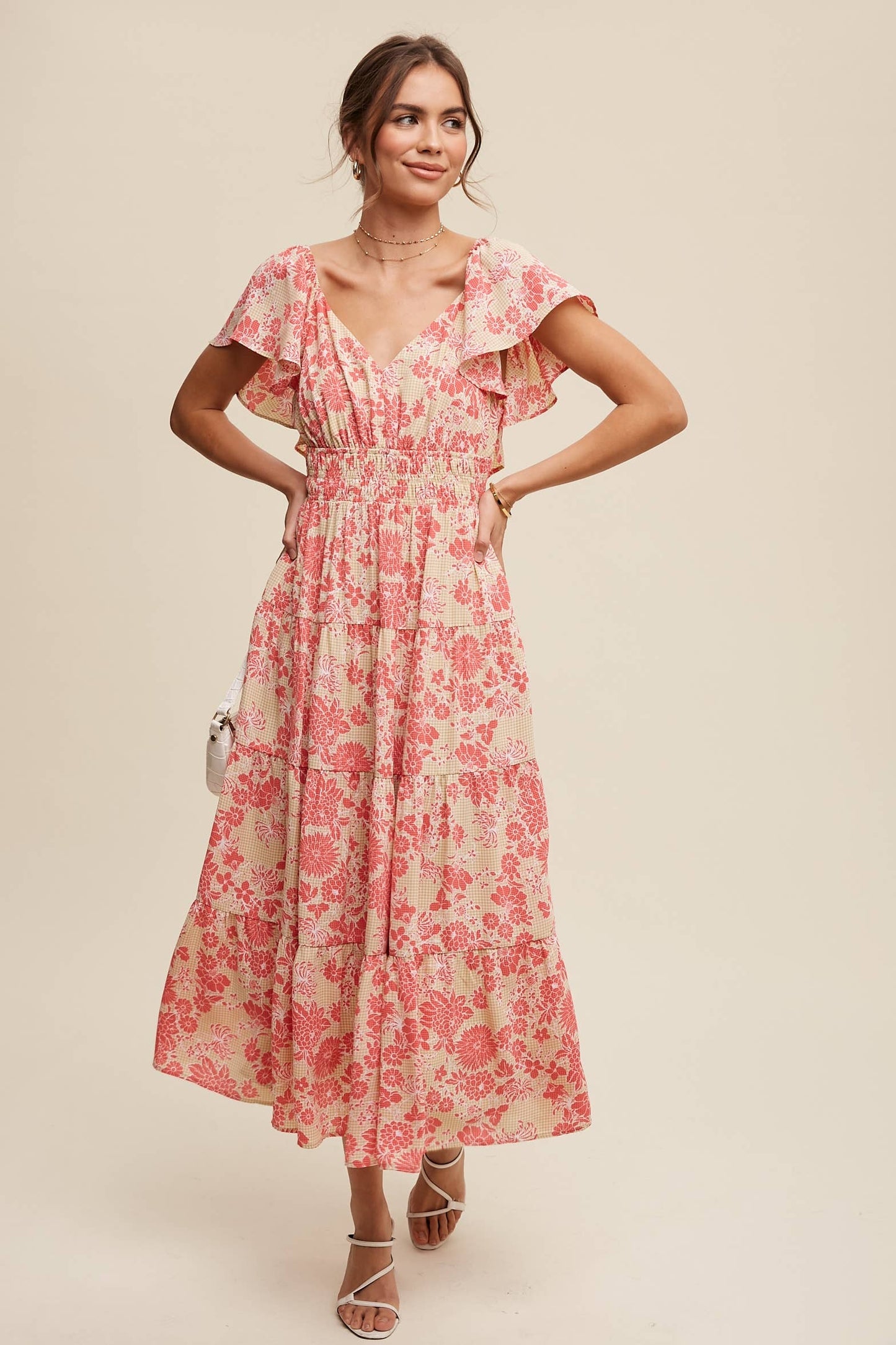 Listicle Pink Lime Floral Ruffle Tiered Maxi Dress