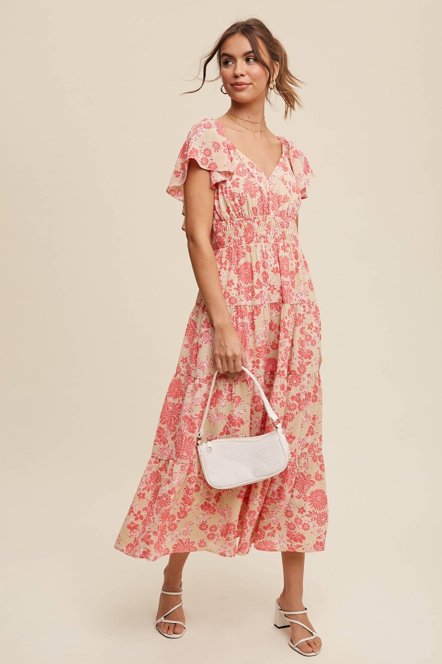 Listicle Pink Lime Floral Ruffle Tiered Maxi Dress
