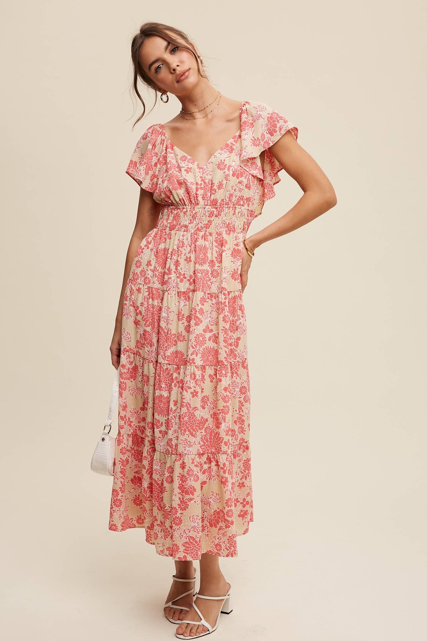 Listicle Pink Lime Floral Ruffle Tiered Maxi Dress