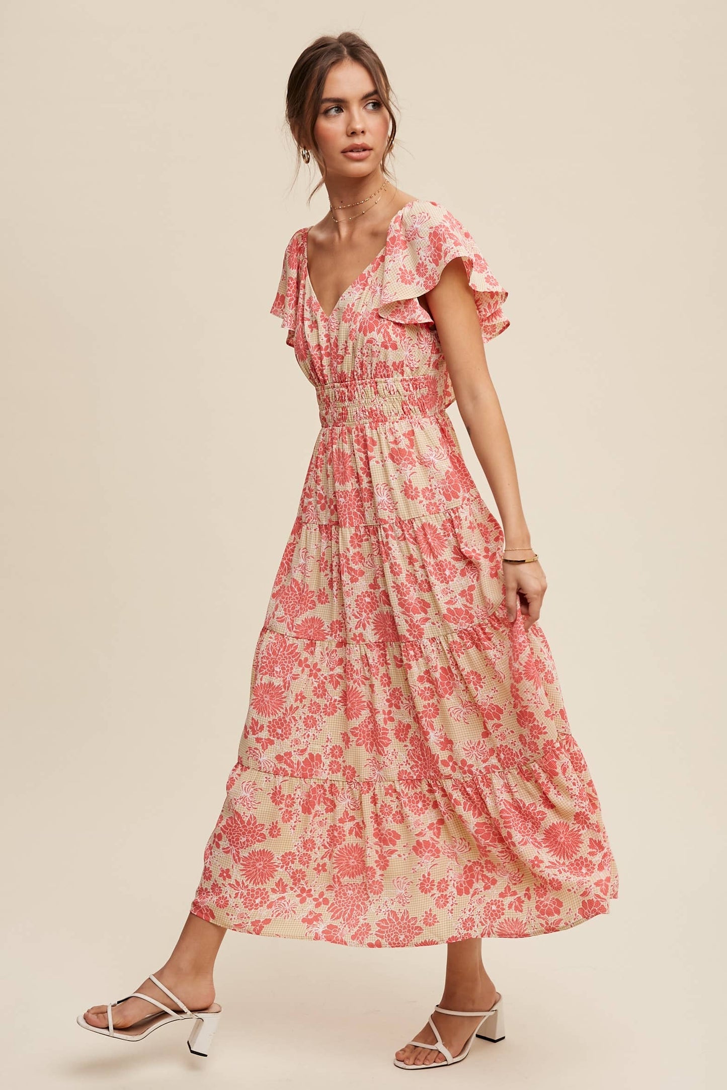Listicle Pink Lime Floral Ruffle Tiered Maxi Dress