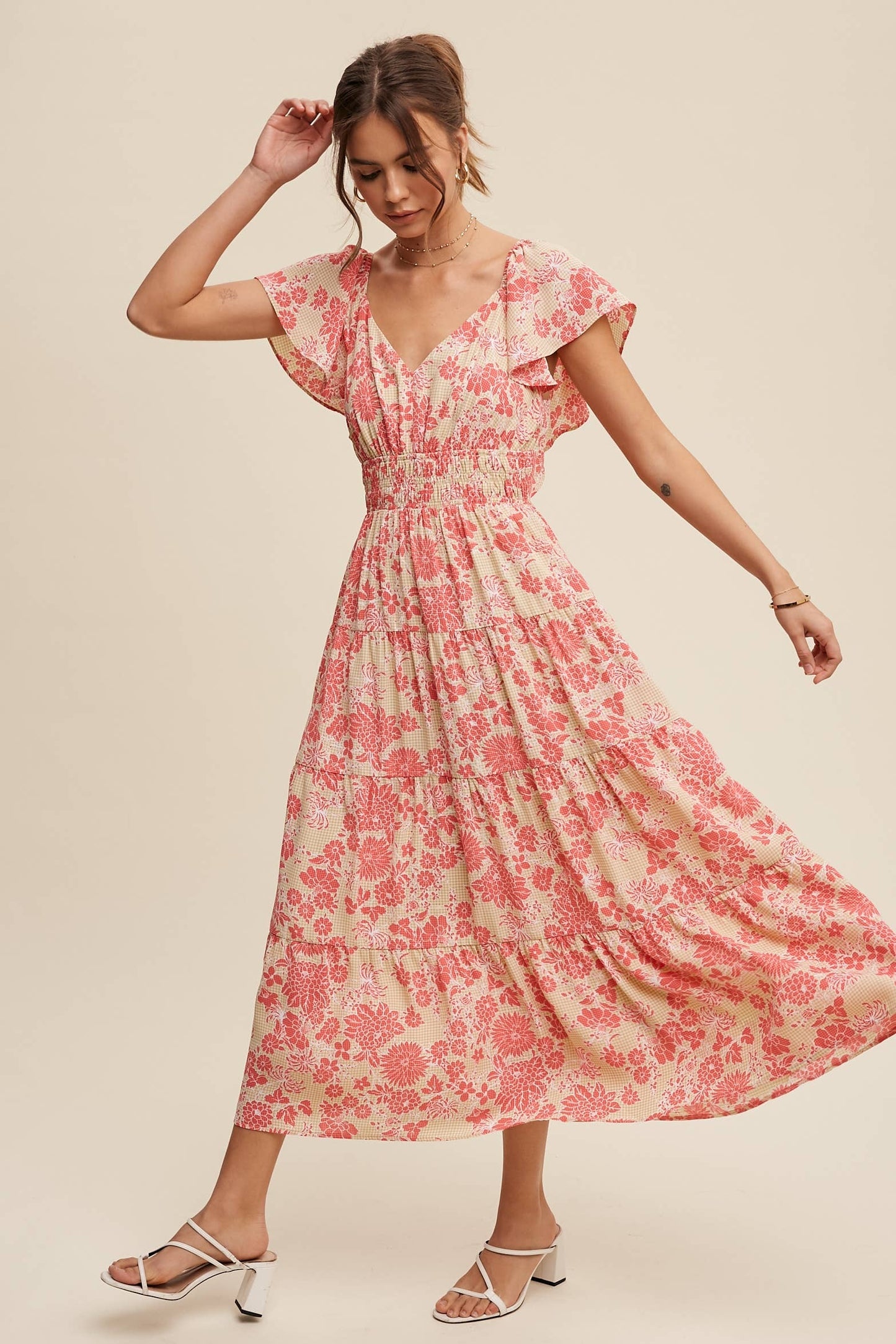 Listicle Pink Lime Floral Ruffle Tiered Maxi Dress