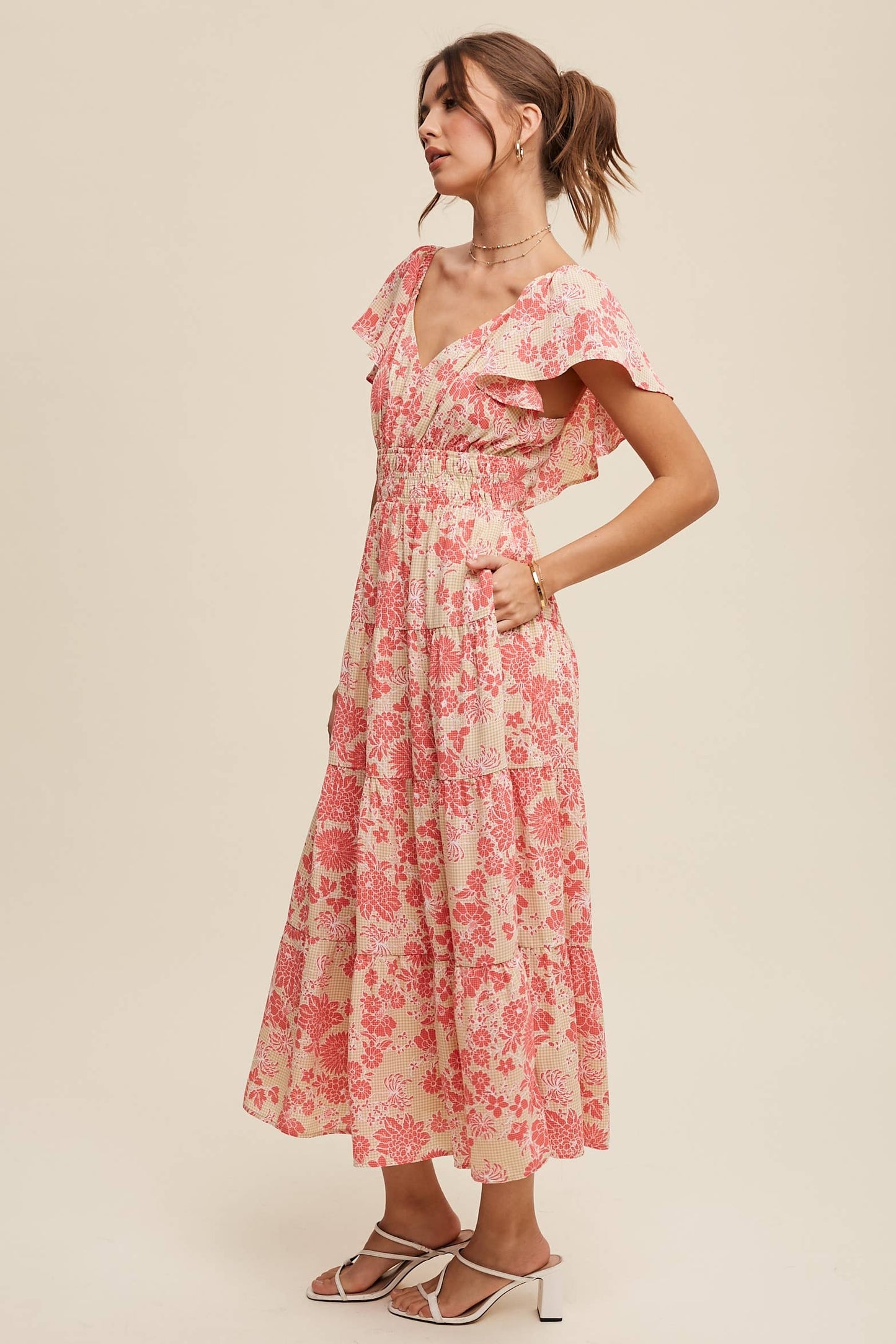 Listicle Pink Lime Floral Ruffle Tiered Maxi Dress