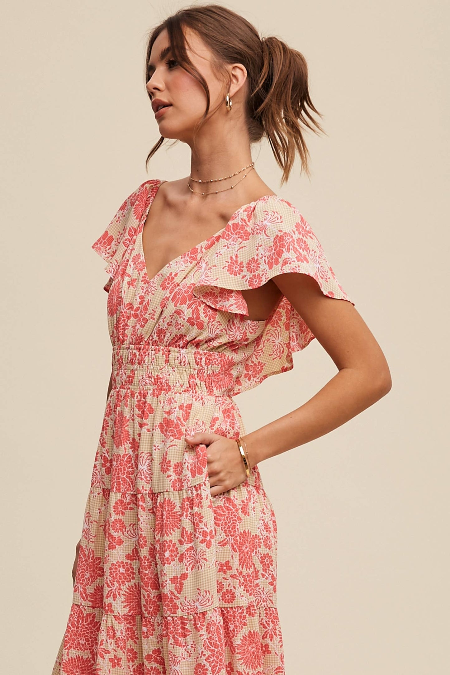 Listicle Pink Lime Floral Ruffle Tiered Maxi Dress