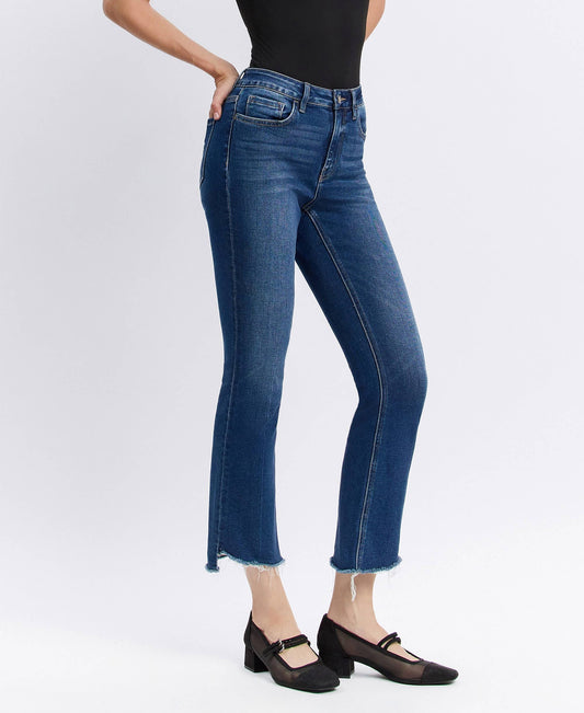 VERVET DARK WASH BELLA HR RAW STEP HEM KICK FLARE JEAN(STRAIGHT FIT)