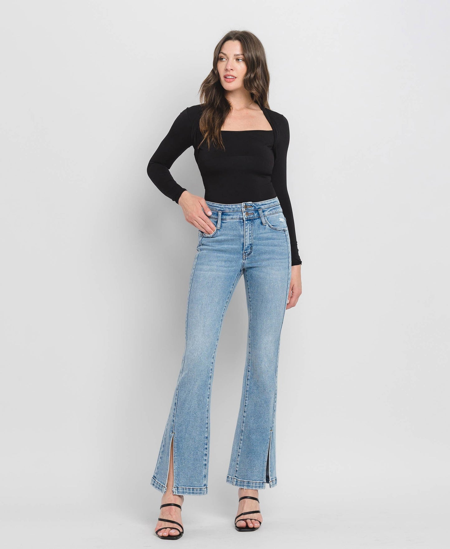 Flying Monkey High Rise Double Button Slit Detail Flare Jeans