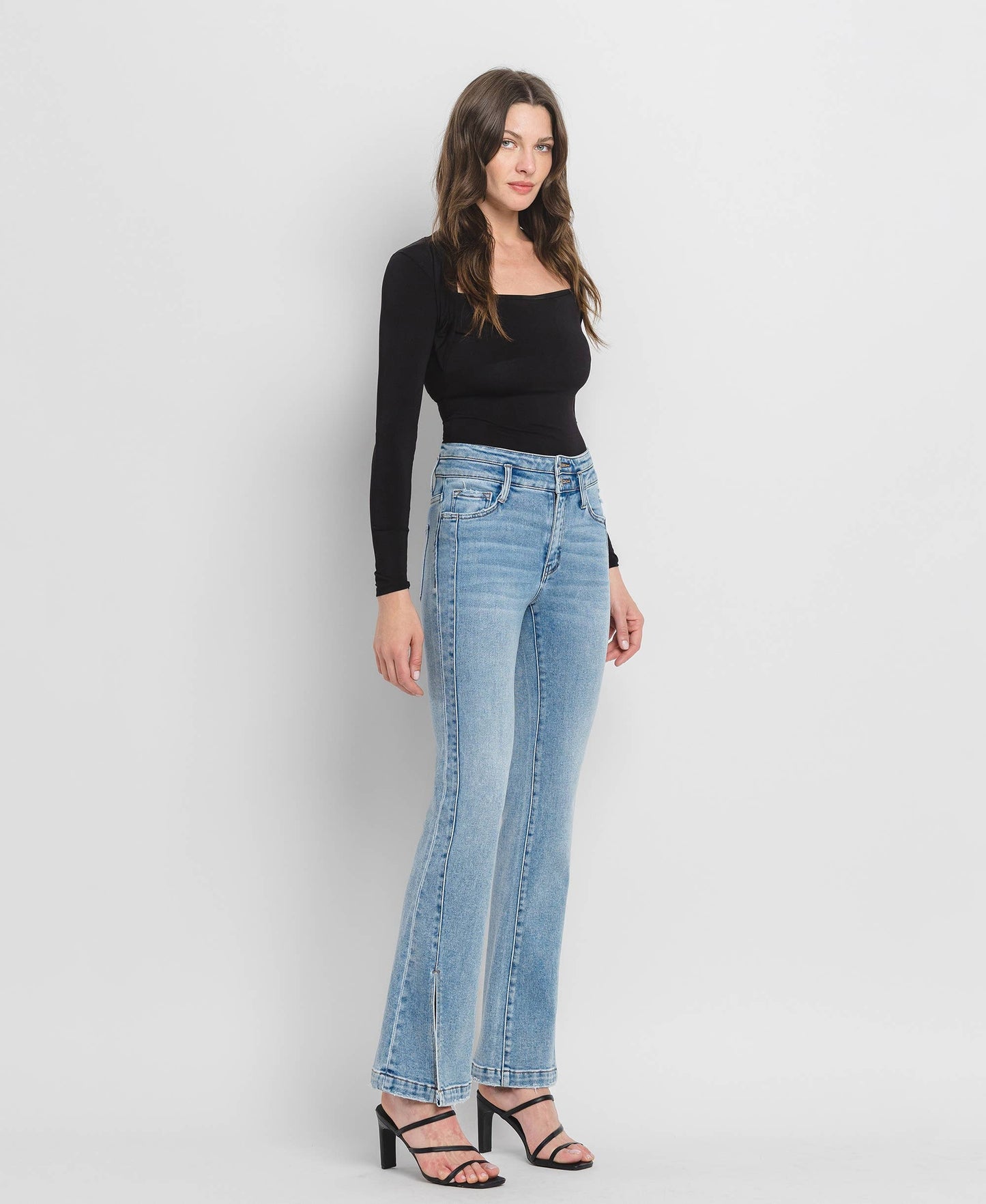 Flying Monkey High Rise Double Button Slit Detail Flare Jeans