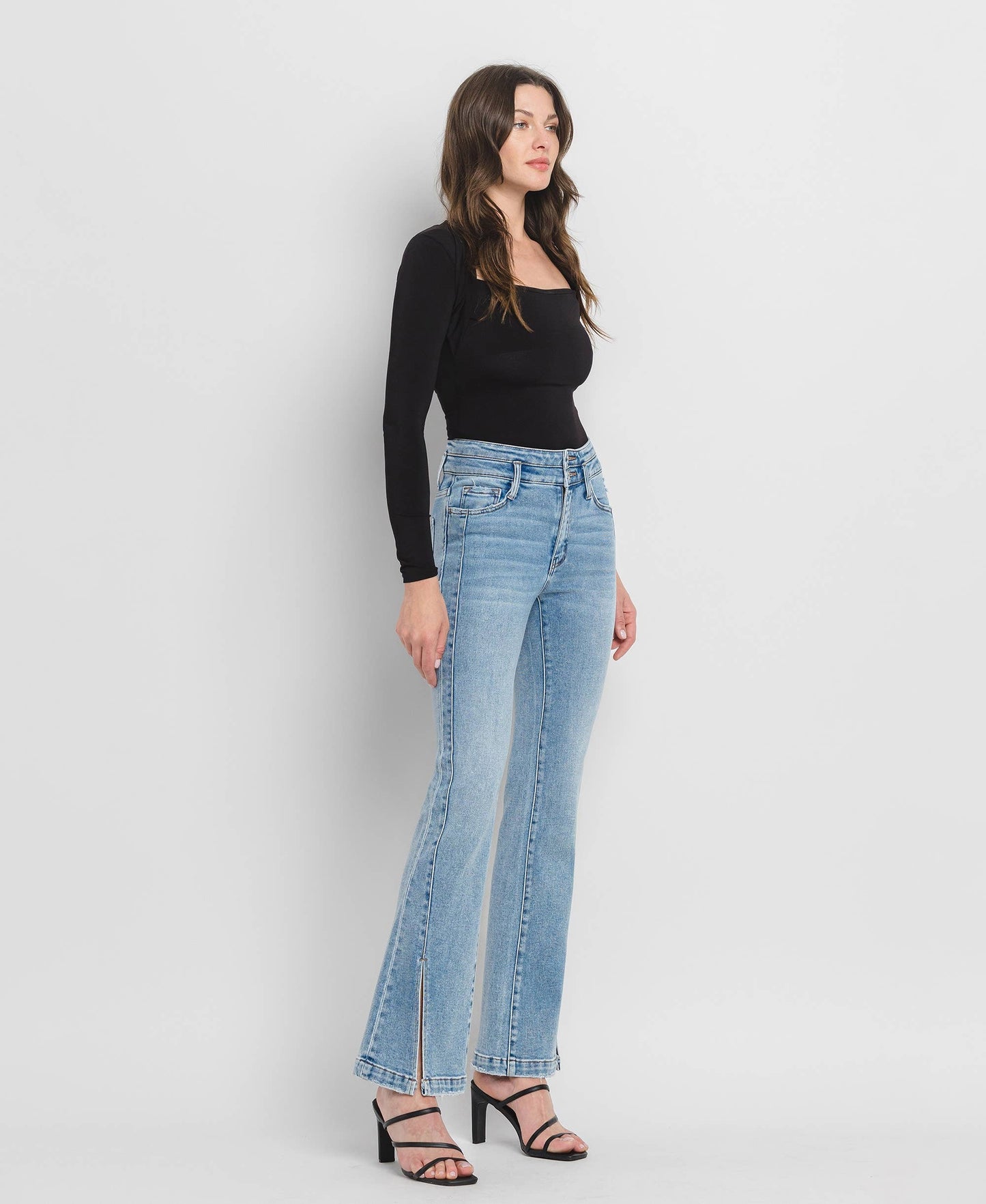 Flying Monkey High Rise Double Button Slit Detail Flare Jeans
