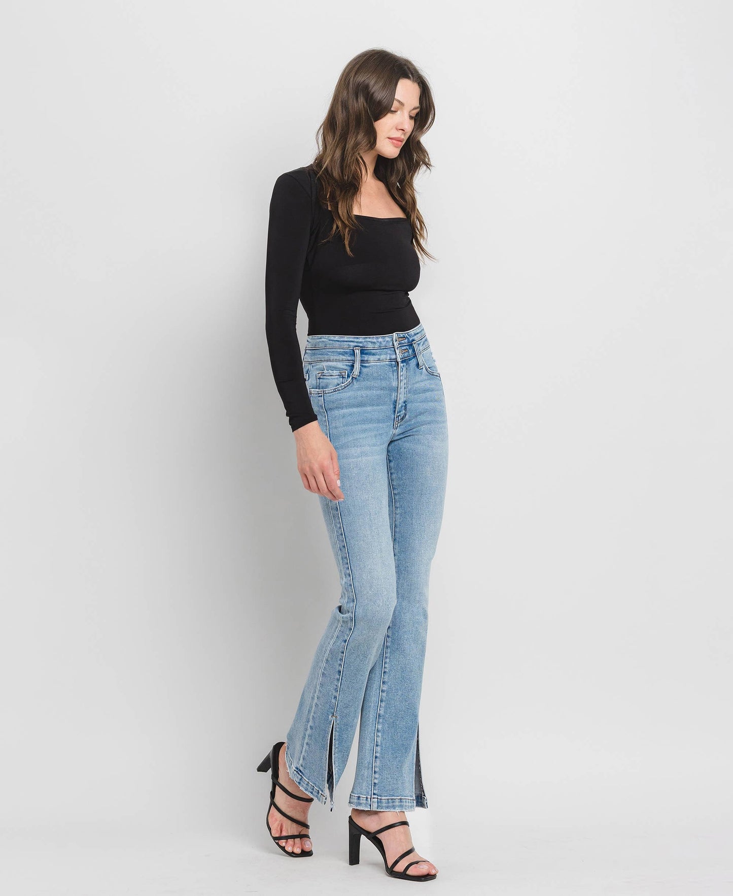 Flying Monkey High Rise Double Button Slit Detail Flare Jeans