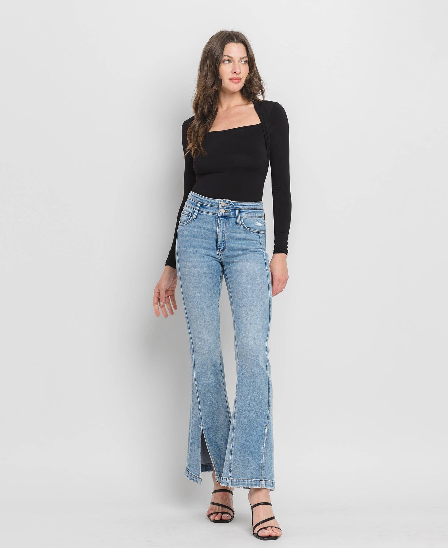 Flying Monkey High Rise Double Button Slit Detail Flare Jeans