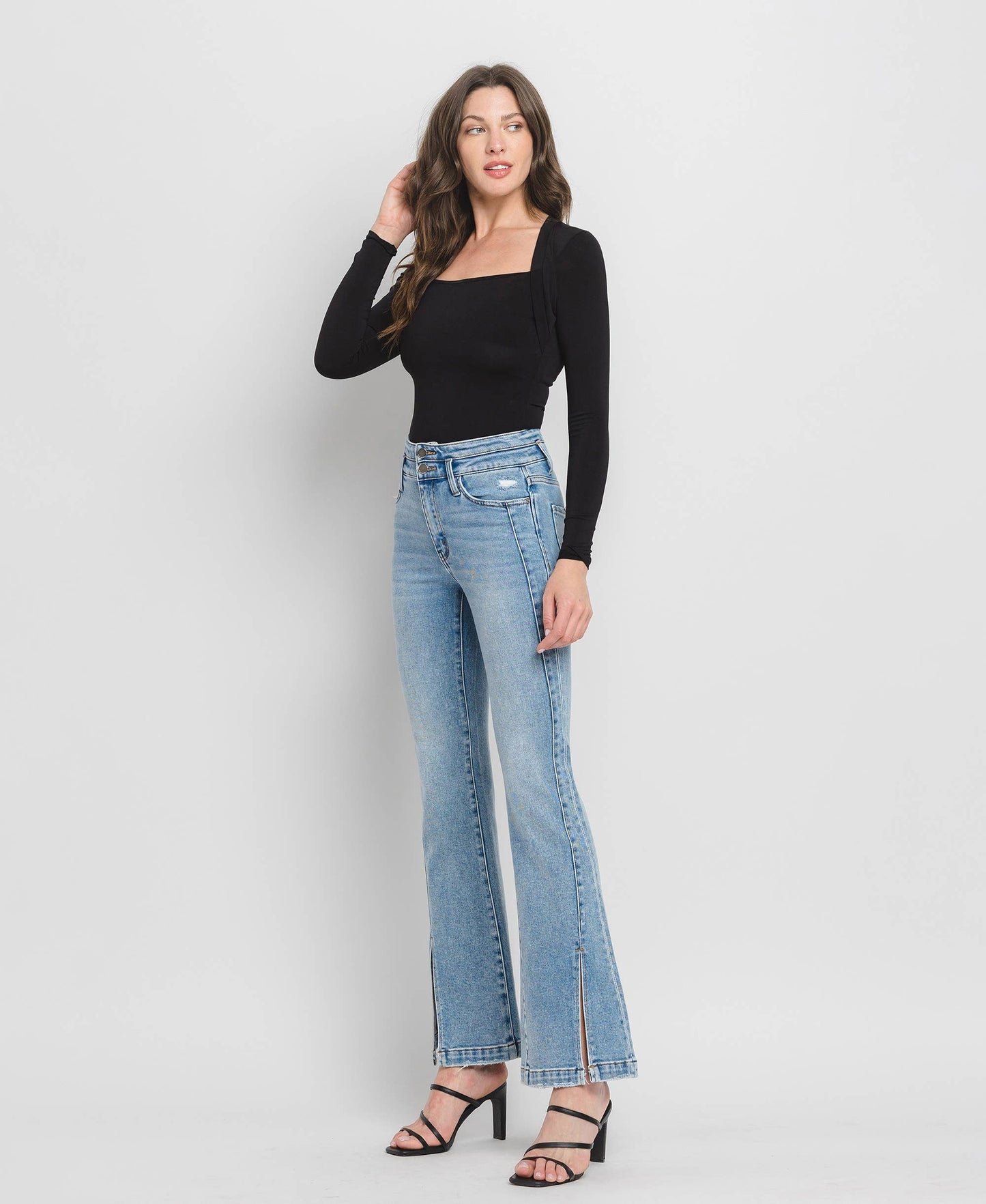 Flying Monkey High Rise Double Button Slit Detail Flare Jeans