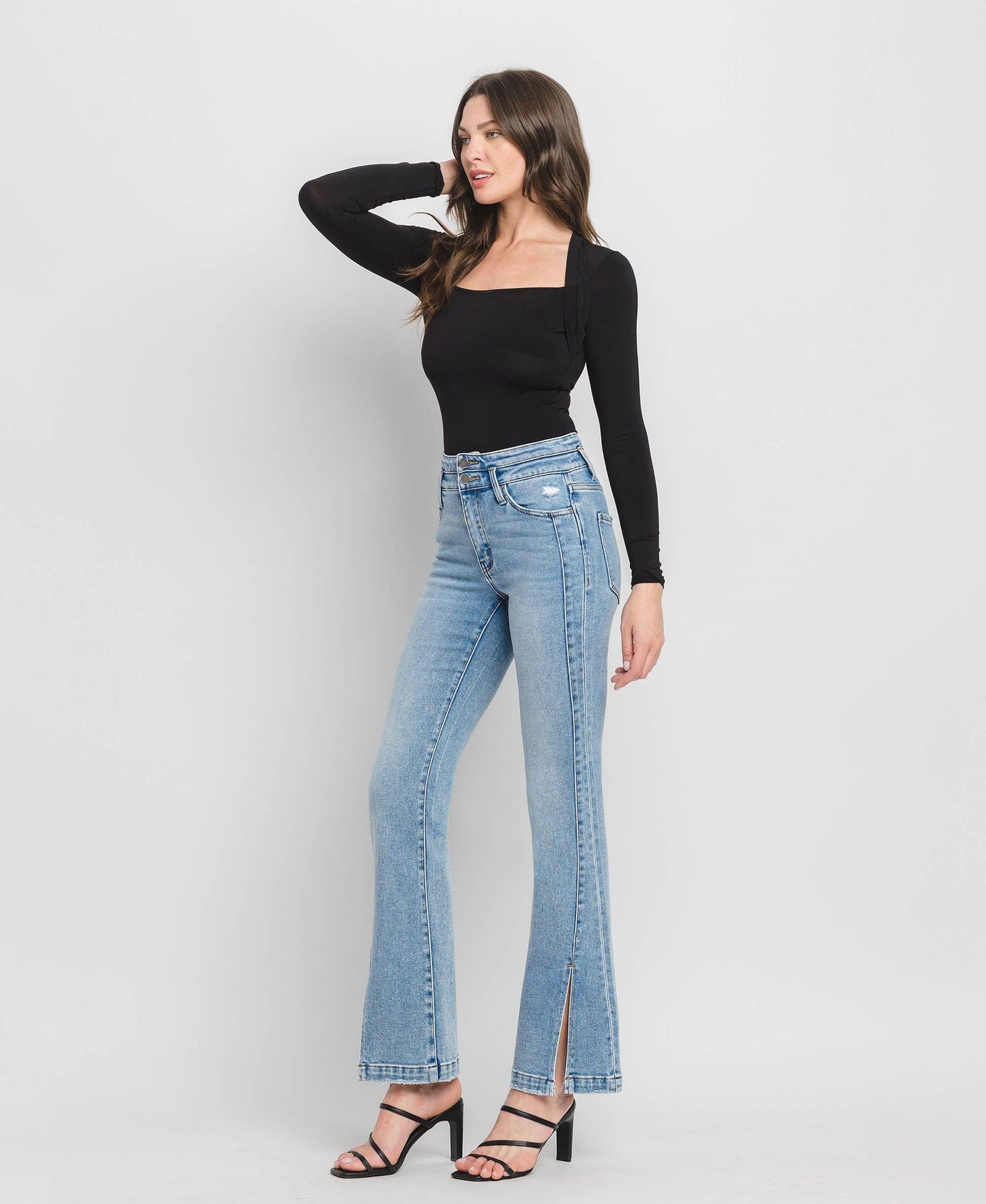 Flying Monkey High Rise Double Button Slit Detail Flare Jeans