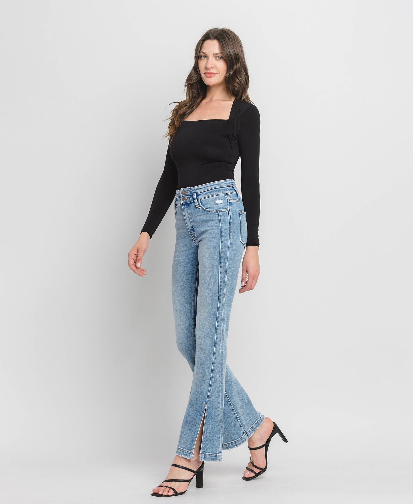 Flying Monkey High Rise Double Button Slit Detail Flare Jeans
