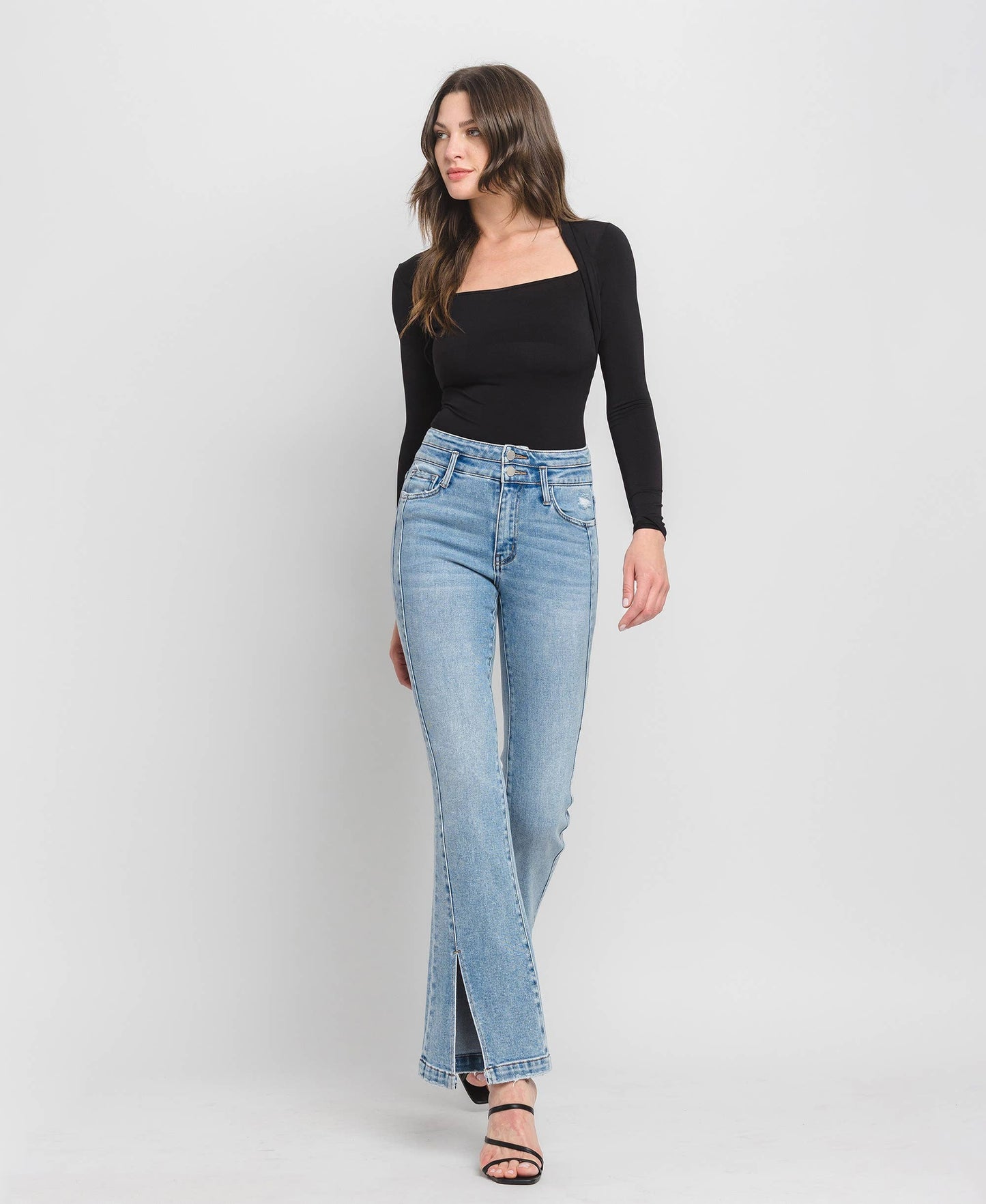 Flying Monkey High Rise Double Button Slit Detail Flare Jeans