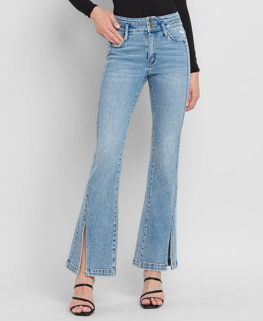Flying Monkey High Rise Double Button Slit Detail Flare Jeans