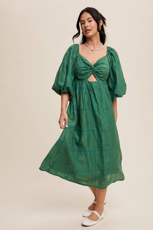 Listicle Green Embroidered Midi Dress w Front Twist Puff Sleeve