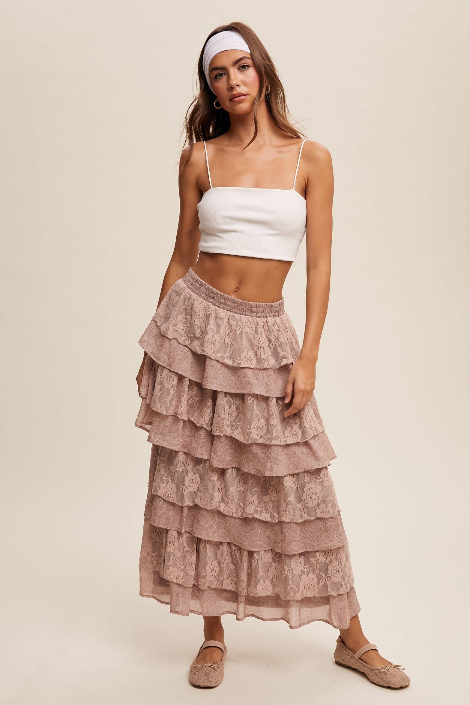 Listicle Lt Mocha Lace Tiered Maxi Skirt: