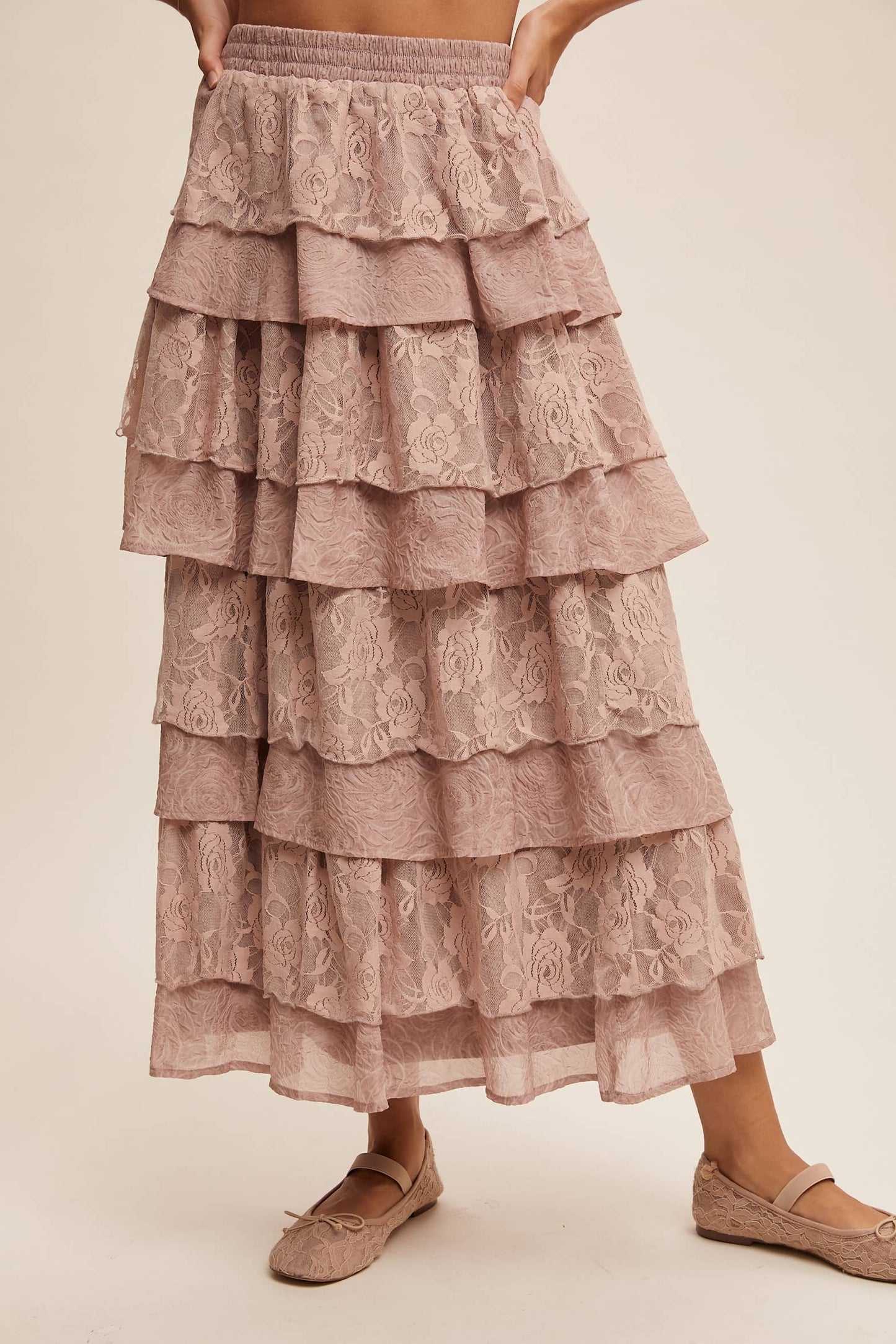 Listicle Lt Mocha Lace Tiered Maxi Skirt: