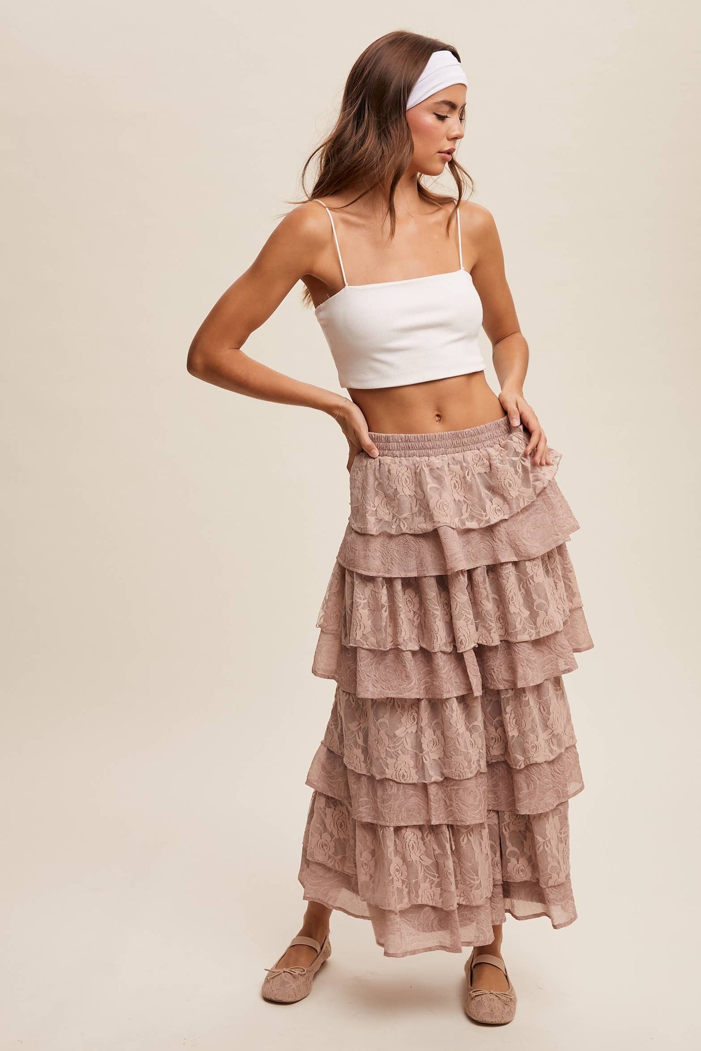 Listicle Lt Mocha Lace Tiered Maxi Skirt:
