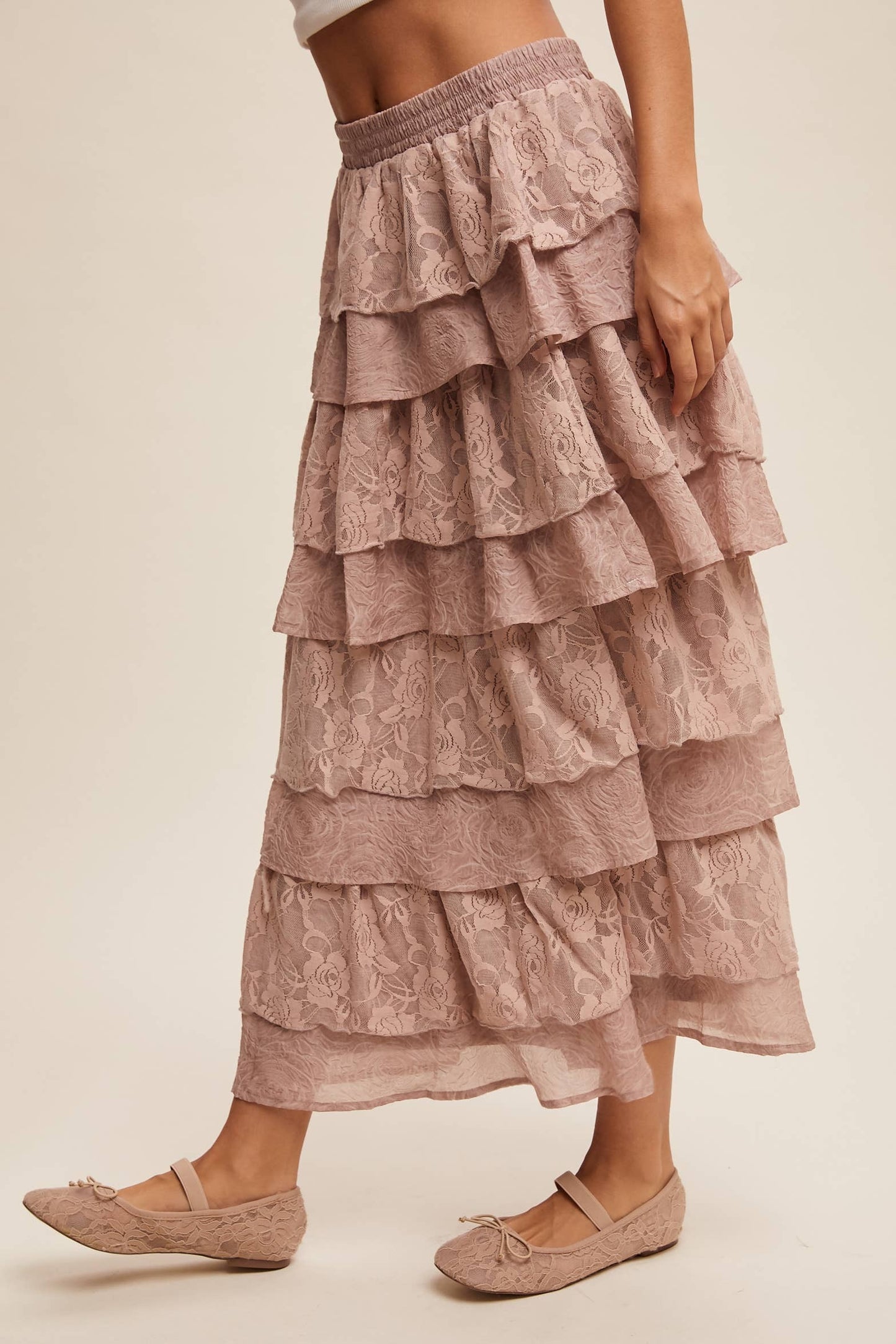 Listicle Lt Mocha Lace Tiered Maxi Skirt: