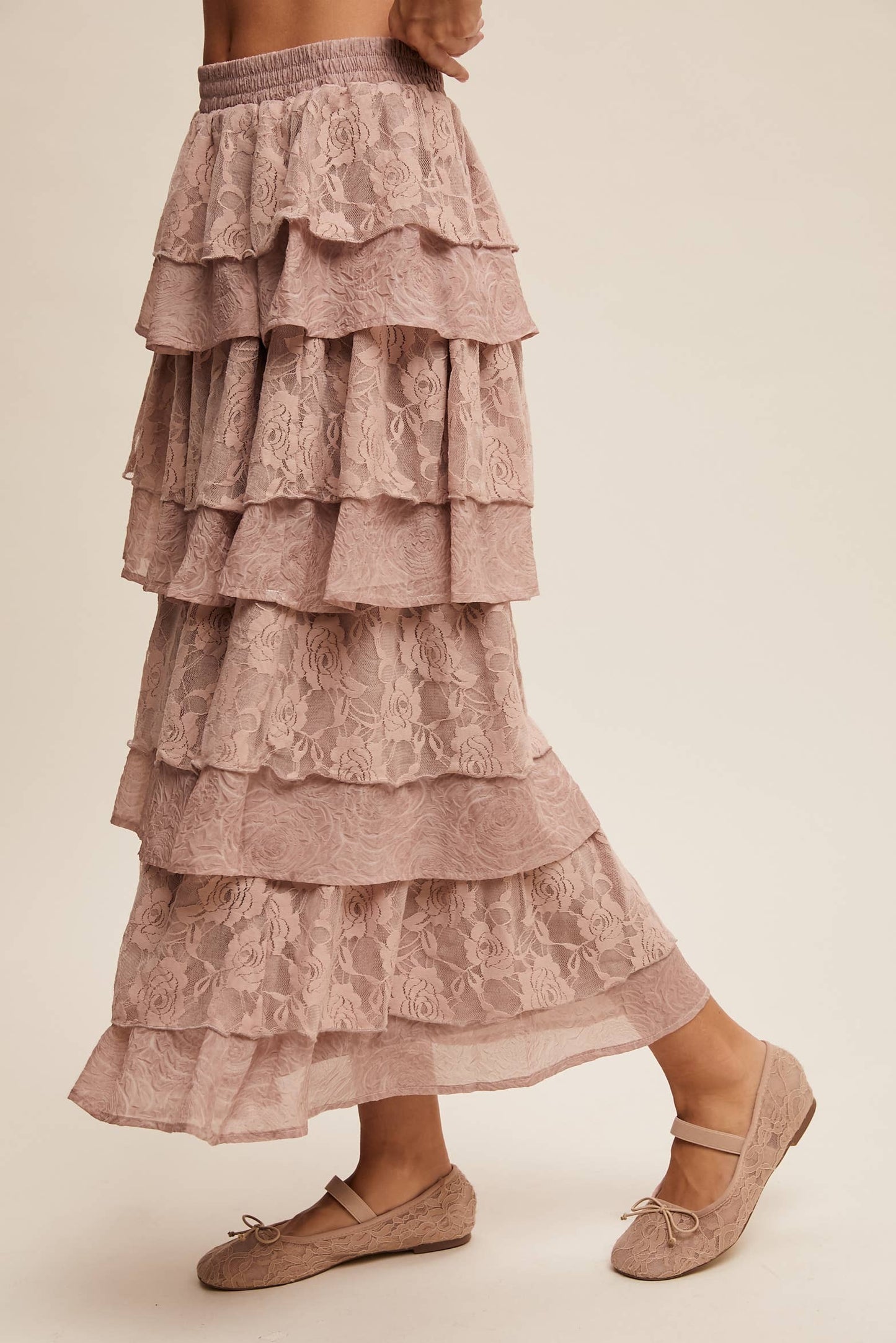 Listicle Lt Mocha Lace Tiered Maxi Skirt: