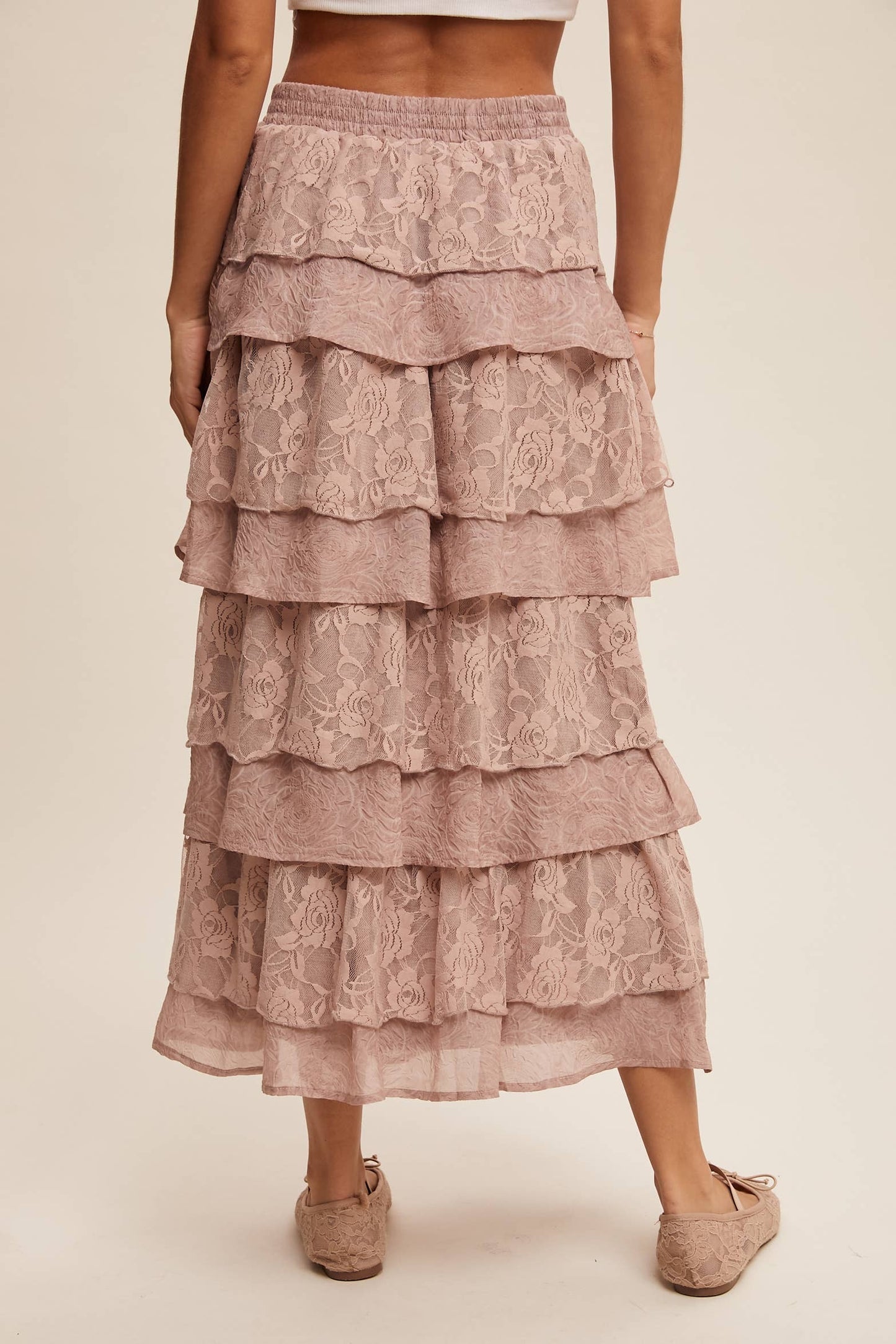 Listicle Lt Mocha Lace Tiered Maxi Skirt: