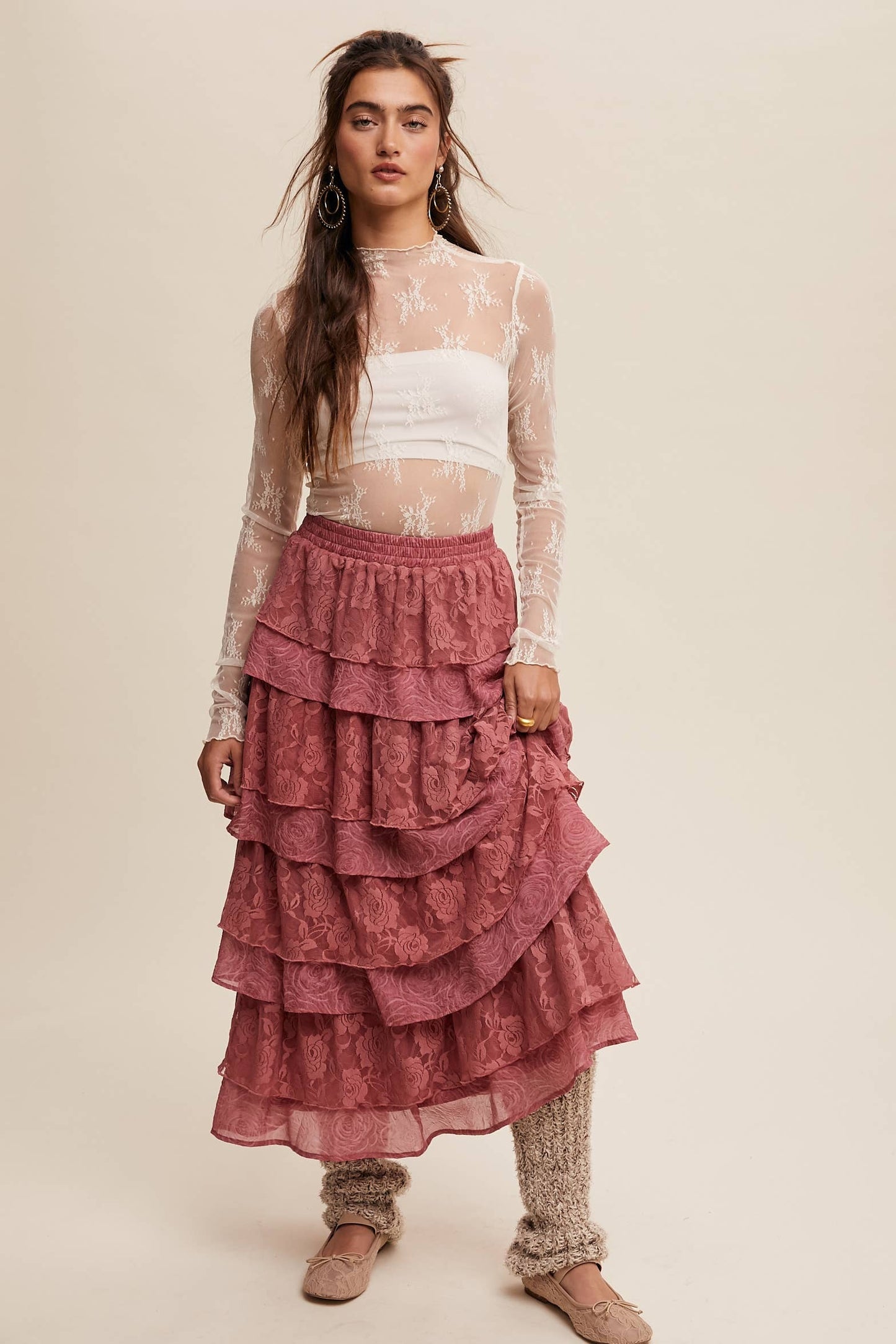 Listicle Lt Mocha Lace Tiered Maxi Skirt: