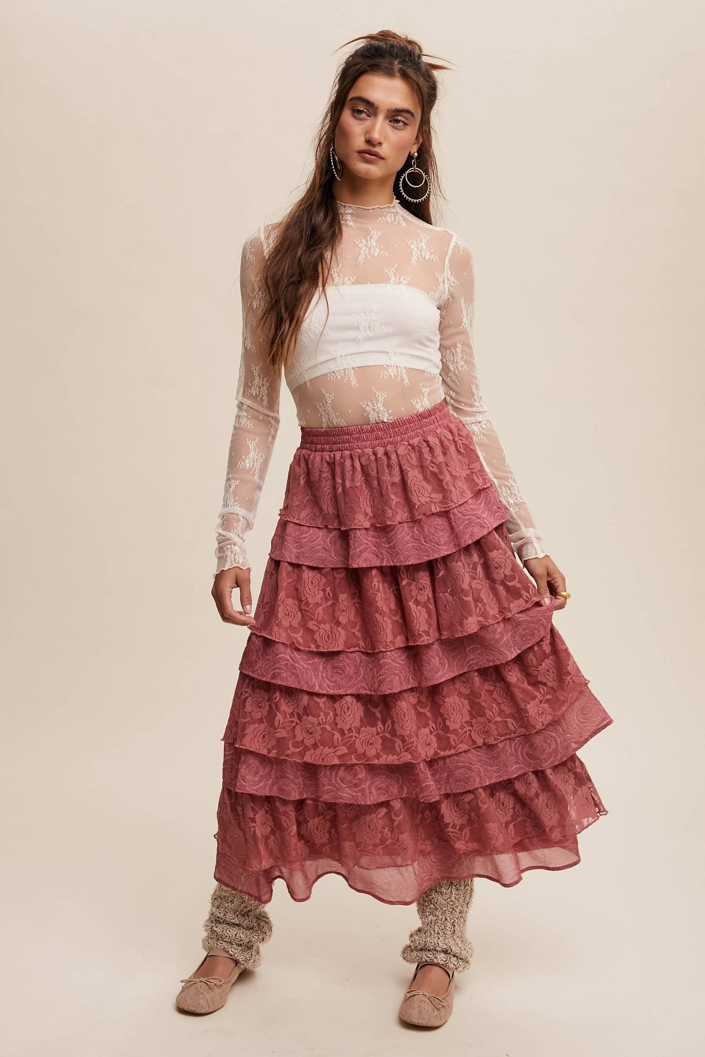 Listicle Lt Mocha Lace Tiered Maxi Skirt:
