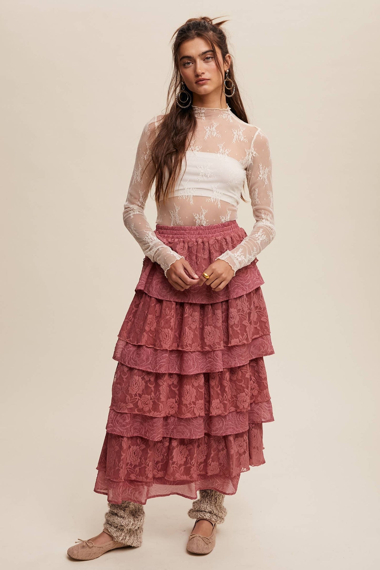 Listicle Lt Mocha Lace Tiered Maxi Skirt:
