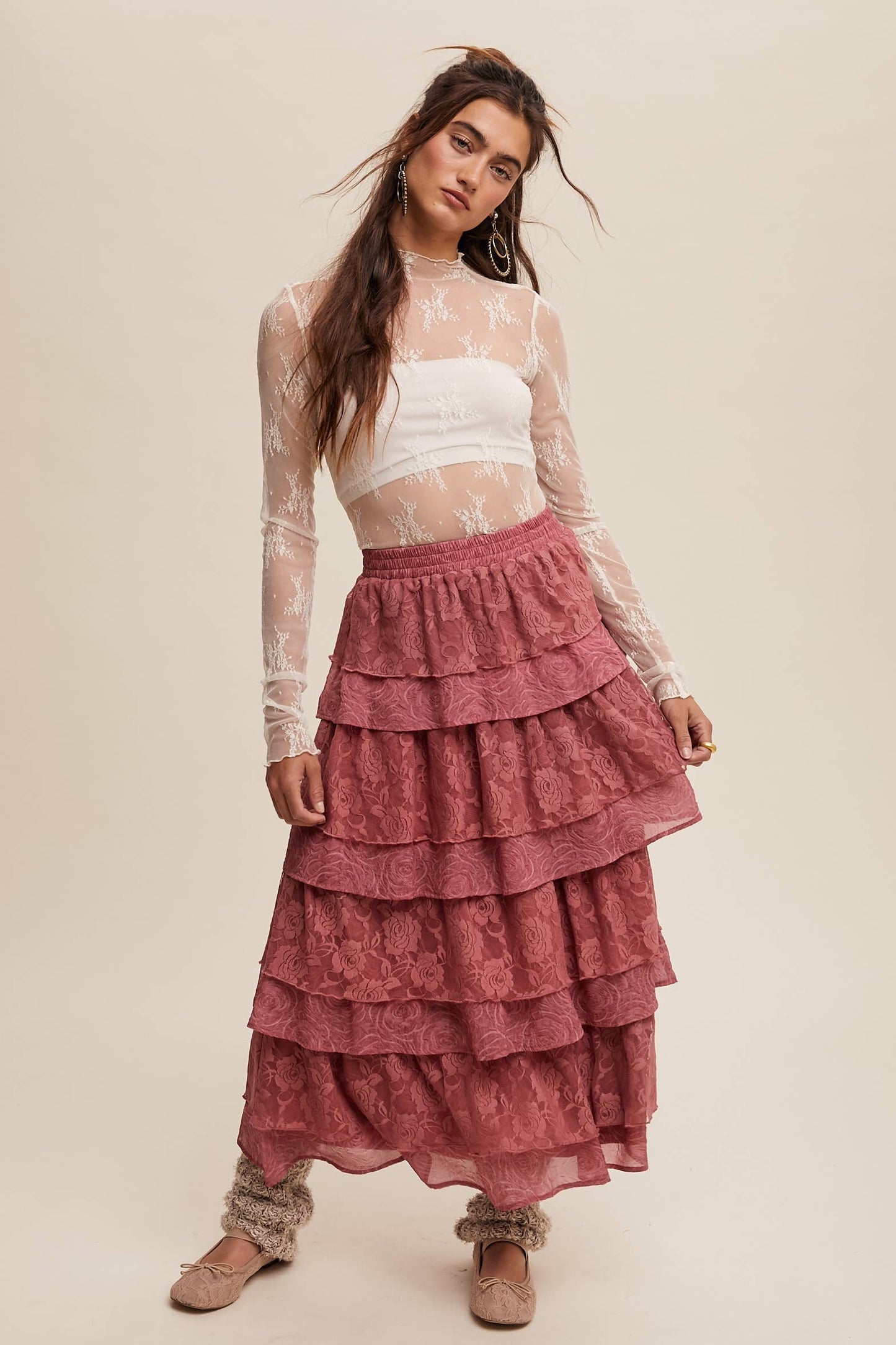 Listicle Lt Mocha Lace Tiered Maxi Skirt: