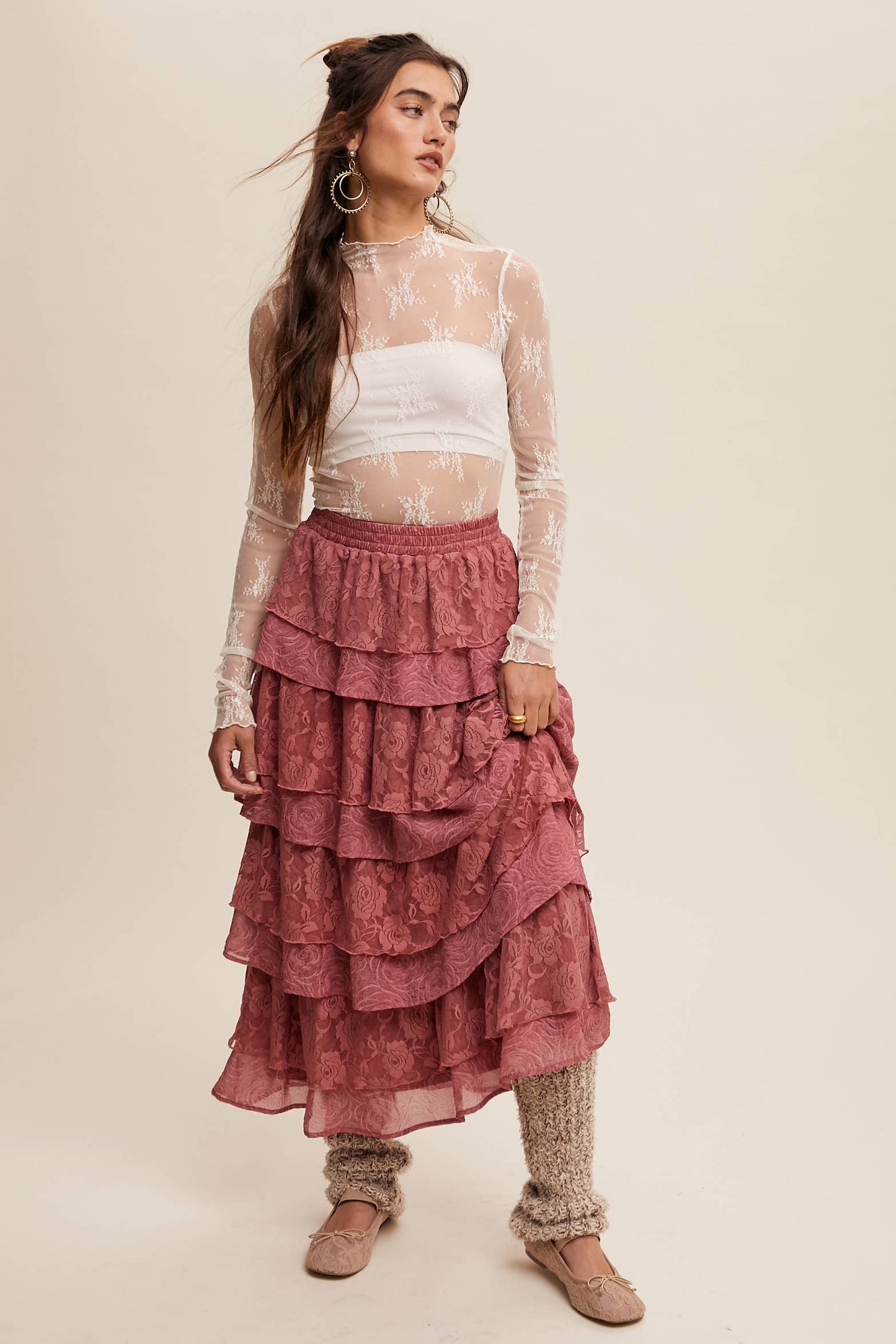 Listicle Lt Mocha Lace Tiered Maxi Skirt: