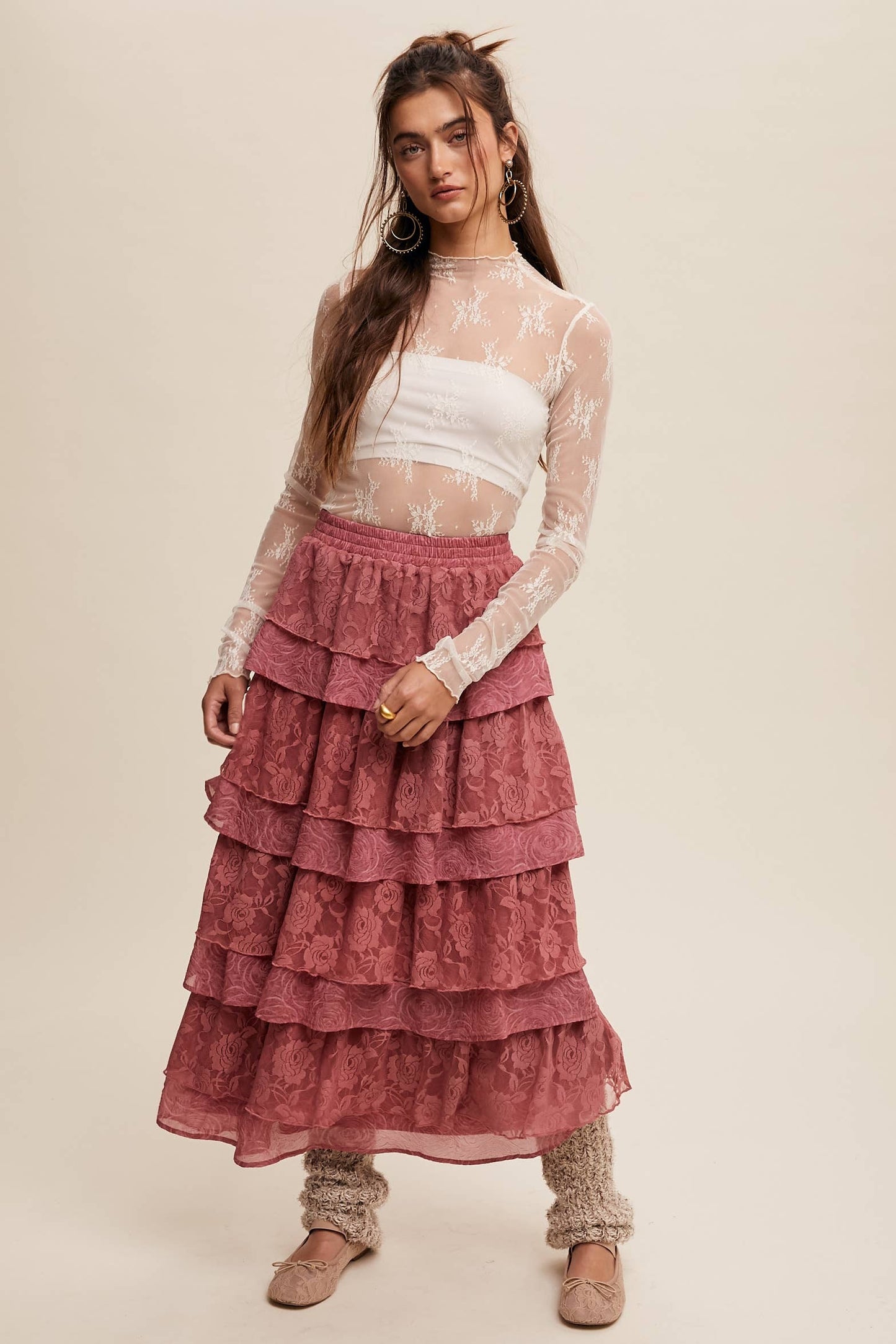 Listicle Lt Mocha Lace Tiered Maxi Skirt:
