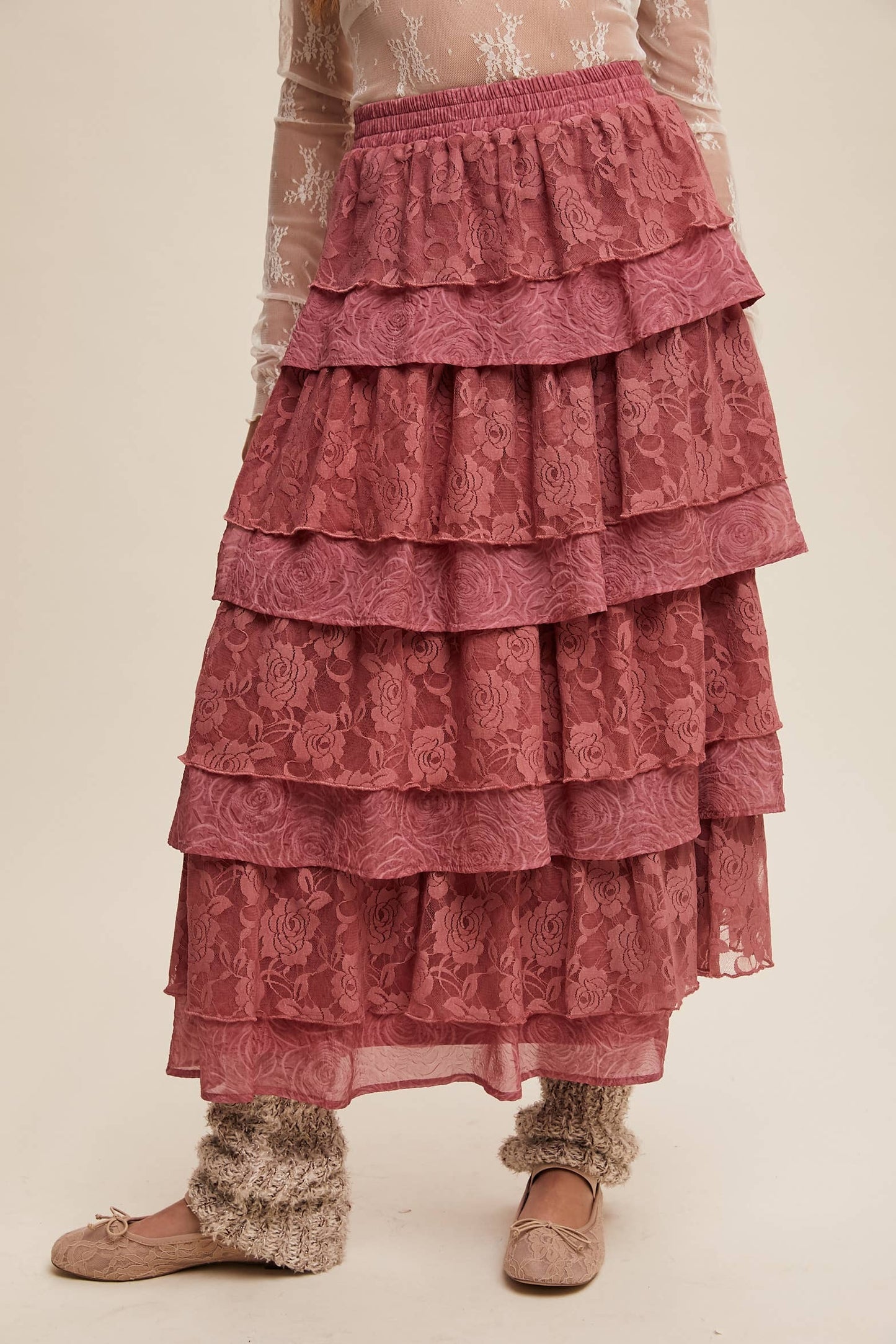 Listicle Lt Mocha Lace Tiered Maxi Skirt: