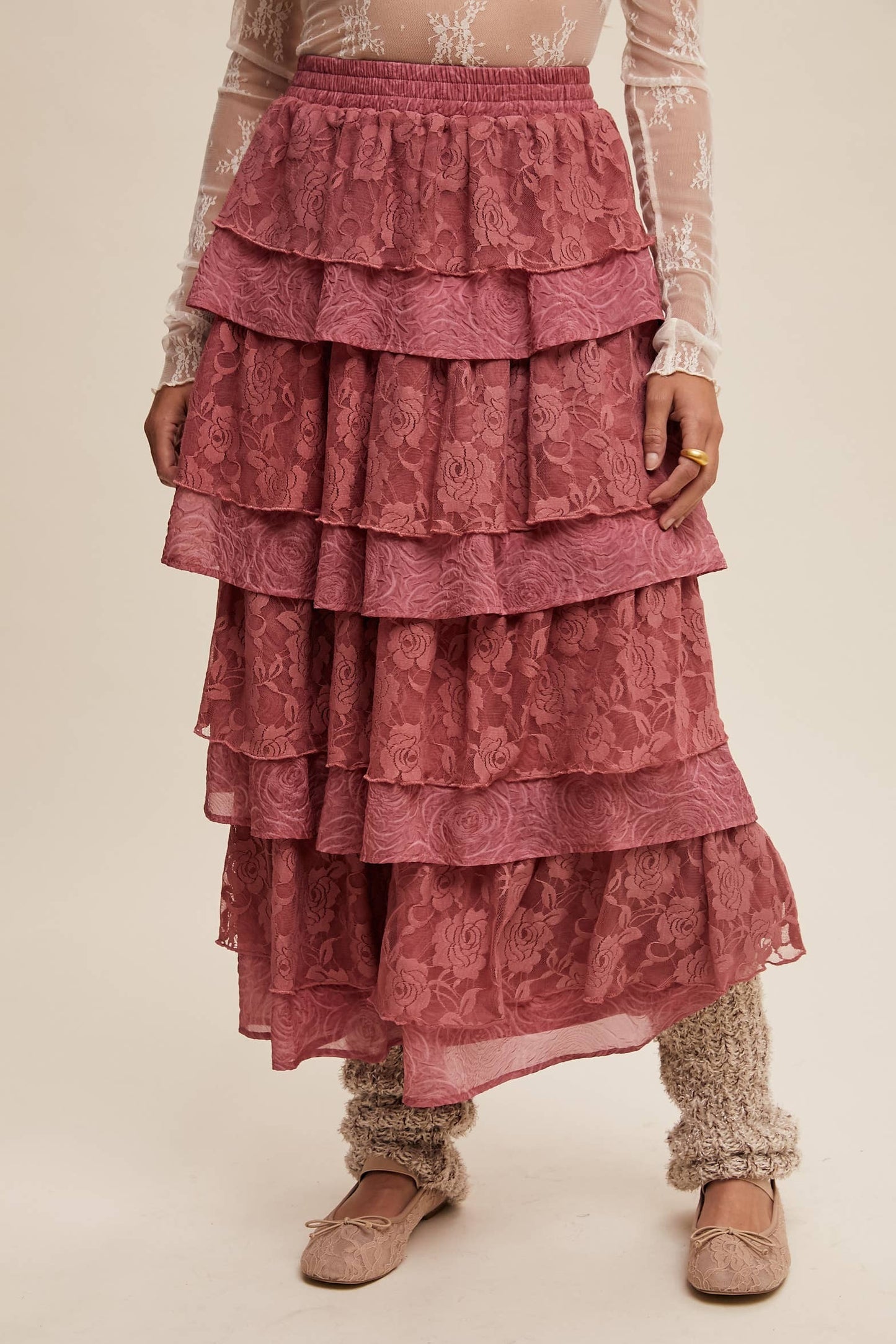 Listicle Lt Mocha Lace Tiered Maxi Skirt: