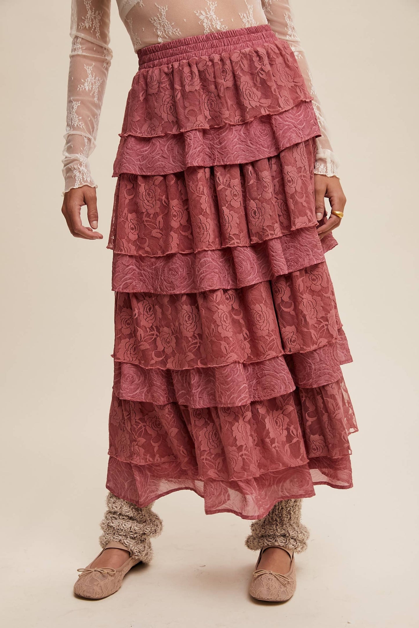 Listicle Lt Mocha Lace Tiered Maxi Skirt: