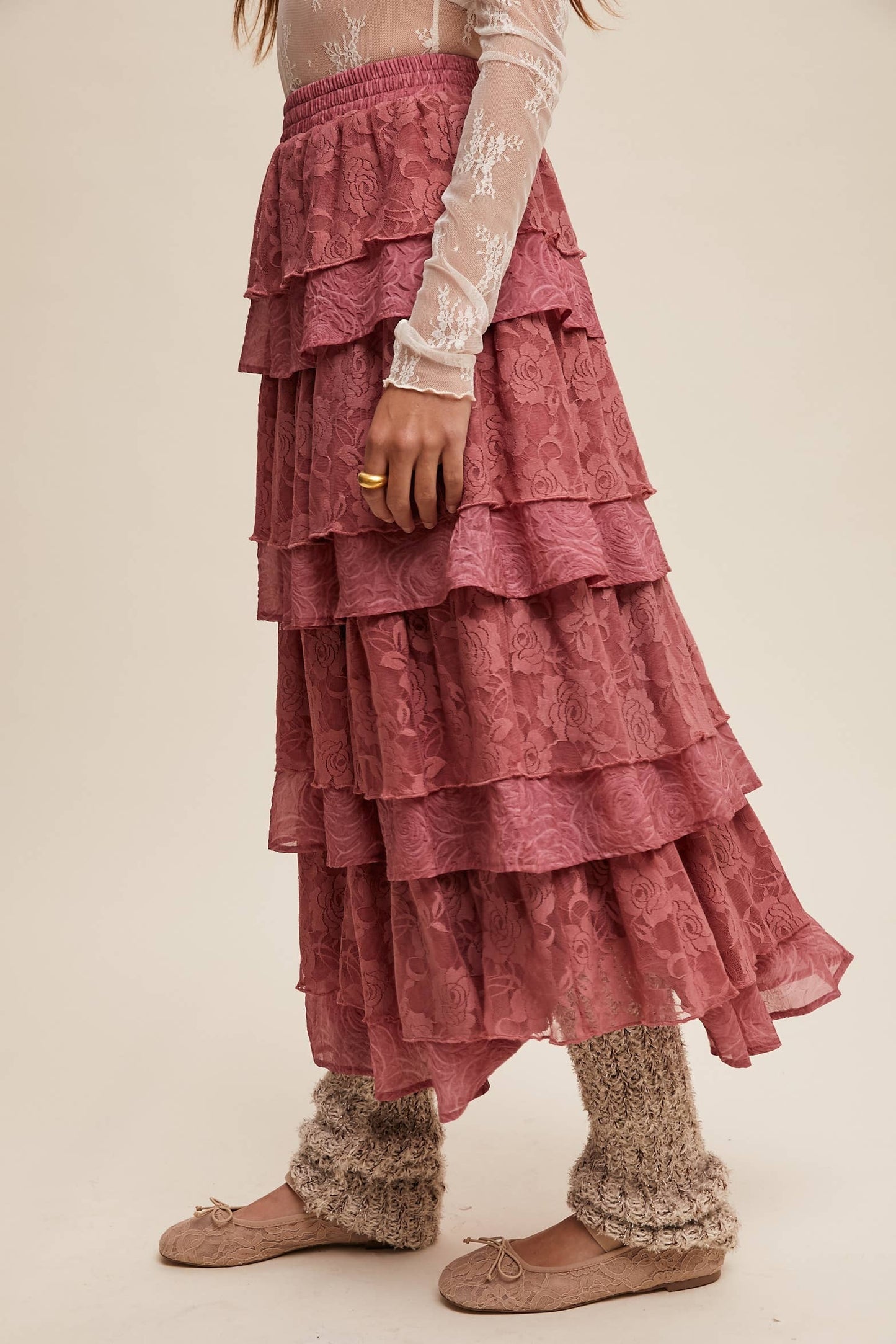 Listicle Lt Mocha Lace Tiered Maxi Skirt: