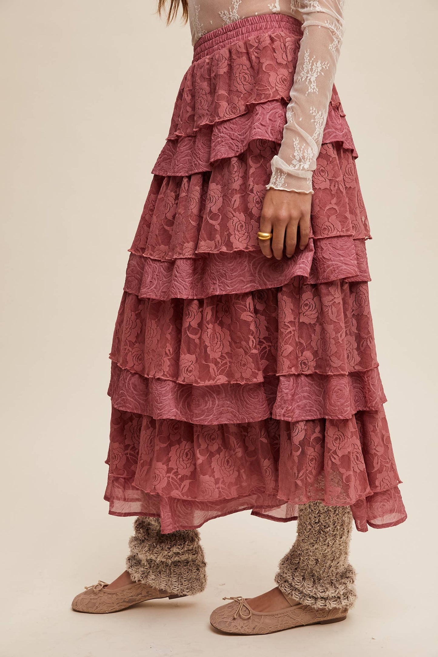 Listicle Lt Mocha Lace Tiered Maxi Skirt: