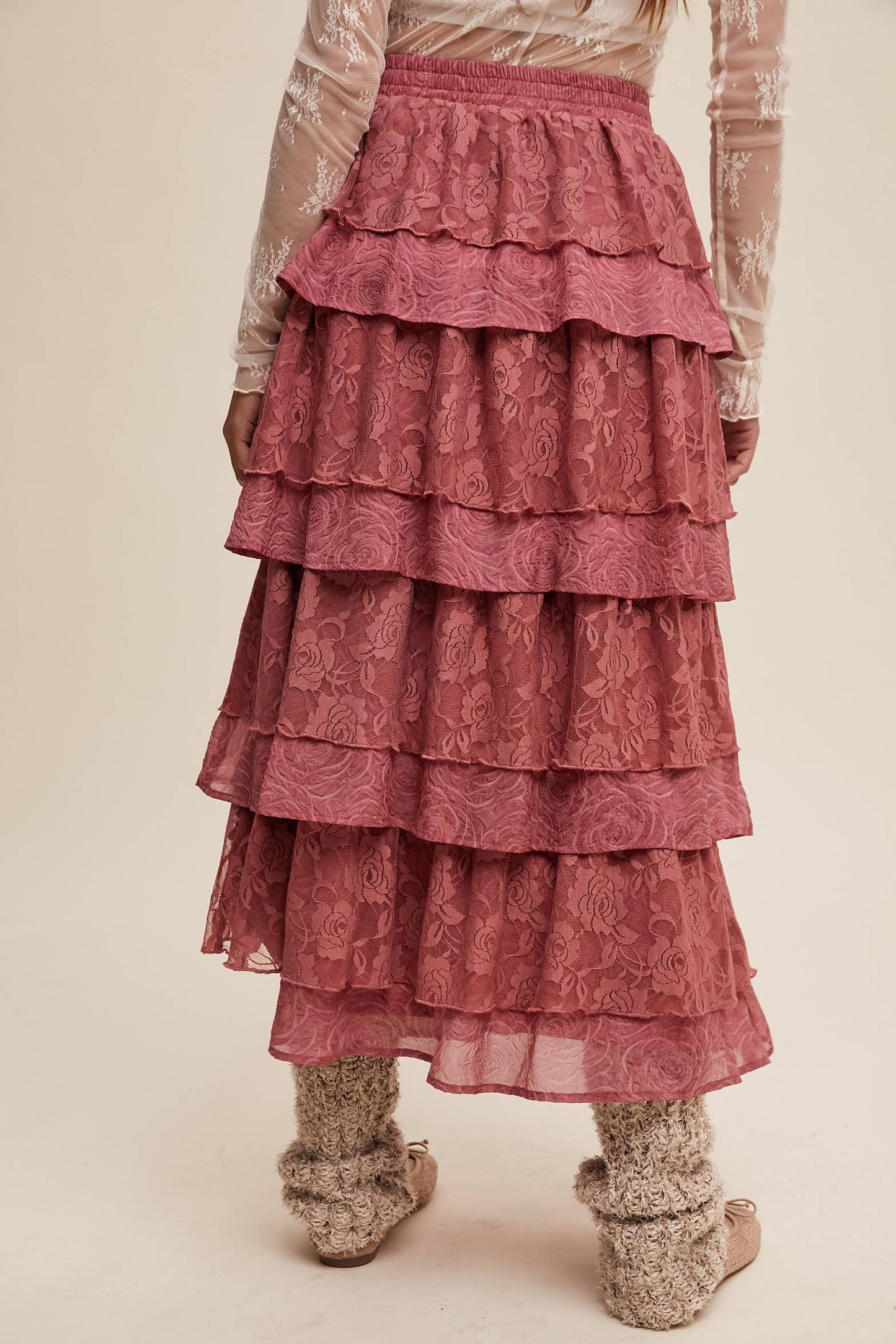 Listicle Lt Mocha Lace Tiered Maxi Skirt: