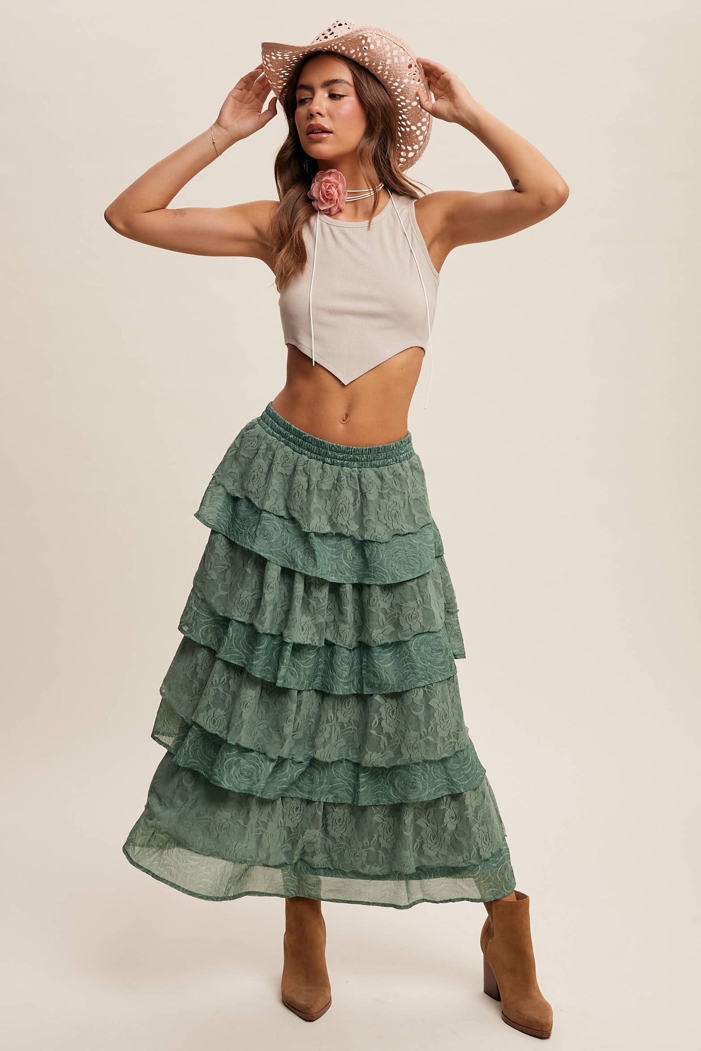 Listicle Lt Mocha Lace Tiered Maxi Skirt:
