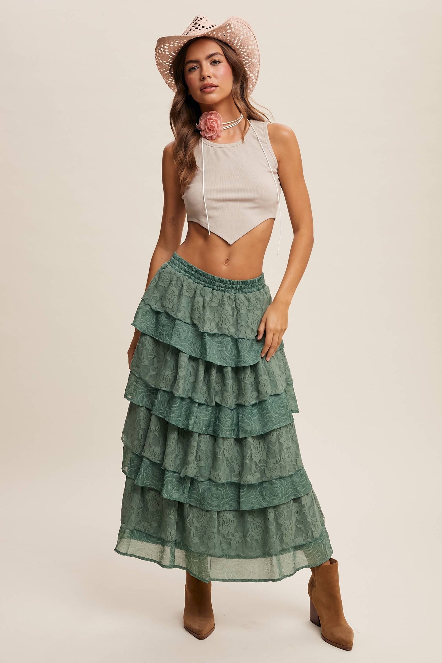 Listicle Lt Mocha Lace Tiered Maxi Skirt: