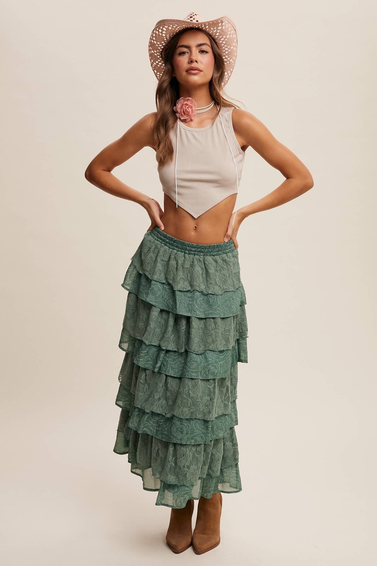 Listicle Lt Mocha Lace Tiered Maxi Skirt: