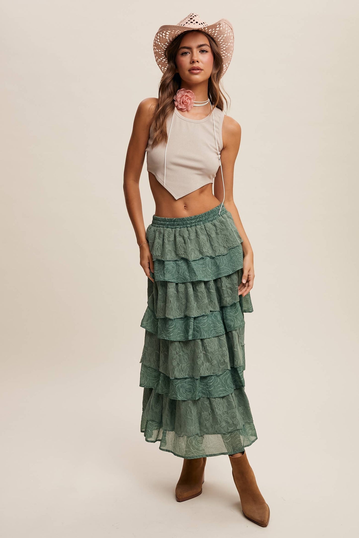 Listicle Lt Mocha Lace Tiered Maxi Skirt: